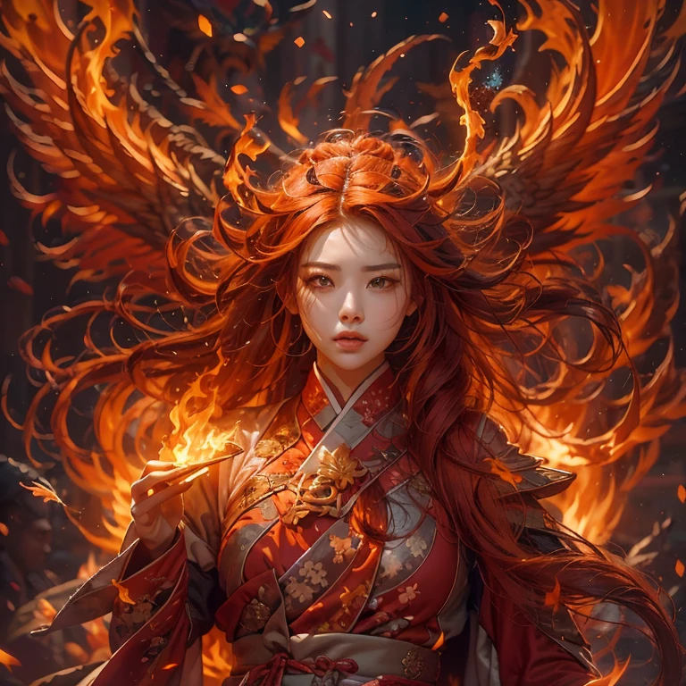 1girll,Flame mage dressed in fiery red(Chinese Hanfu),The robe was embroidered with intricate runes and ornamentudes a burning breath。He was tall and strong,Hands up,Powerful fire spells are being unleashed。His eyes were firm and sharp,A flash of fire flashed in his eyeehind the Flame Mage,(A huge flame phoenix spread its wings and flew:1.2),(The feathers of the phoenix burned with roaring flames),It shines brightly,Its body is surrounded by flamelame feathers danced,Form a spectacular flaming six-pointed star array pattern,Full of mysterious magic,The whole scene is full of fiery aura and passion for fighting,Large areas of flame spells bloomed in the air,A brilliant arc of flame and flying sparks formed,(Flame Mage and Phoenix),It appears majestic and mysterious in the midst of raging fires,Like the embodiment of fire and magic,red hair,high detal,ultra-realistic realism,Verism,((Bust photo)),(real photograph:1.4),(lightand shade contrast),cinmatic lighting,Realistic special effects,c4d渲染,rendering by octane,Ray traching,in a panoramic view,angle of view,textureskin,super detailing,hyper HD,tmasterpiece,anatomy correct,best qualtiy,A high resolution,8K