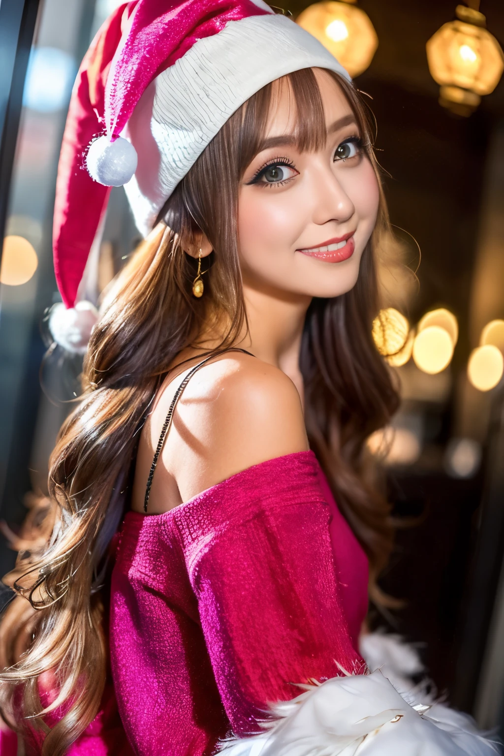 Christmas、Santa Hat、(8K,Raw photo、Raw photo、top-quality、Master masterpiece:1.2)、ultra-detailliert、Super Resolution、(Photorealsitic:1.3)、Angle to shoot from the front、Clearly draw shades of light、high resolution RAW color photos、professional photograpy、Same skin quality as Japanese humane proofing from head to waist、Blur the background、Draws faithfully to anatomy、Very detailed and beautiful、Ultra-high image quality、long、Hair swaying and sexy、Very detailed beautiful girl、(Pink Eye Shadow)、smil、turned around、fluffly、Fluffy、Christmas、Christmas tree、Santa Claus Costume、Yuki、耳Nipple Ring