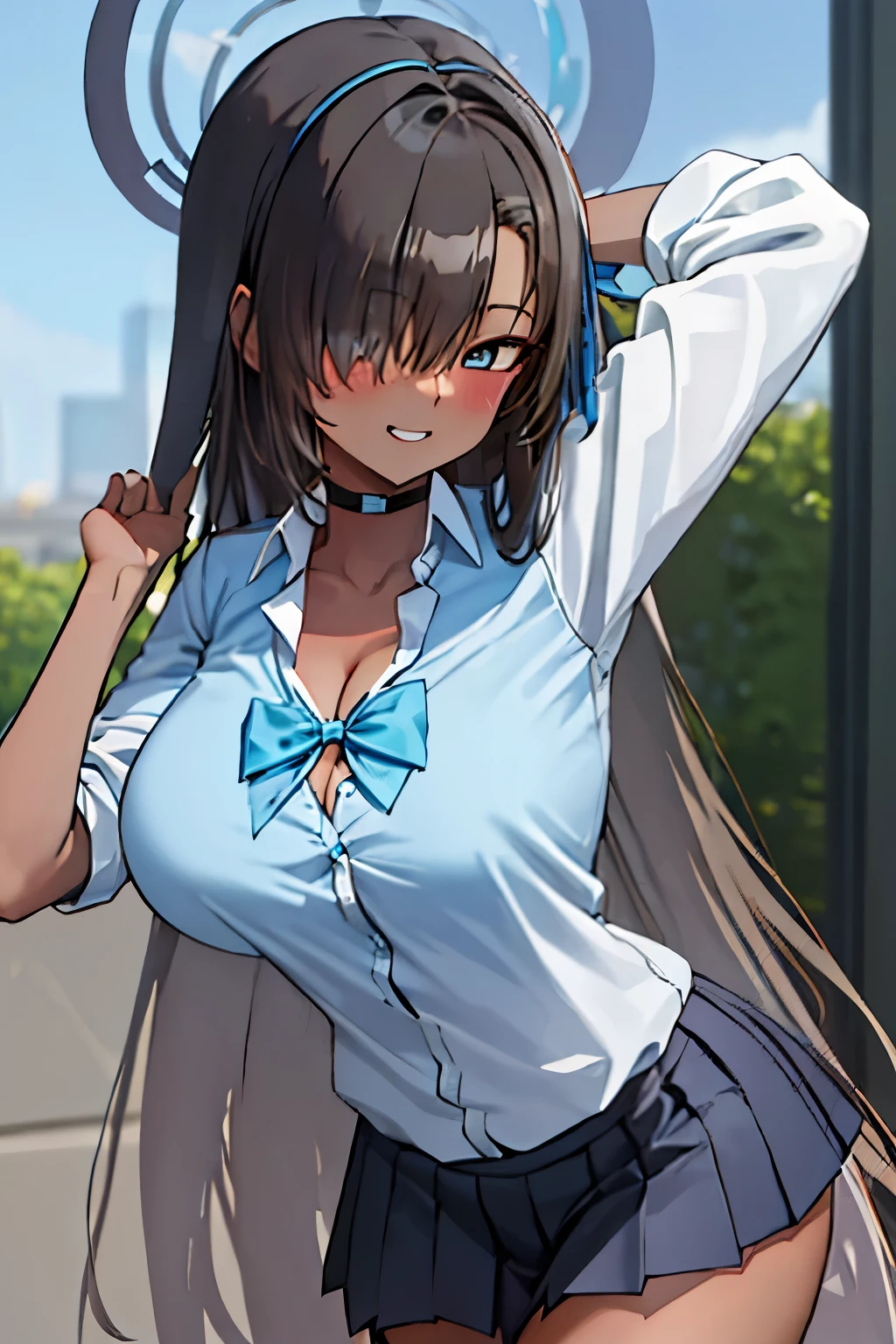 long_hair, bangs, blue_eyes, devious, hair_over_one_eye, light_brown_hair, breasts, blush, large_breasts, ribbon, bow, bowtie, hair_ribbon, blue_bow, blue_bowtie, cleavage, blue_ribbon, very_long_hair, mole, mole_on_breast, dark skin, hair covering one eye, very dark skin, asuna, karin nagatoro