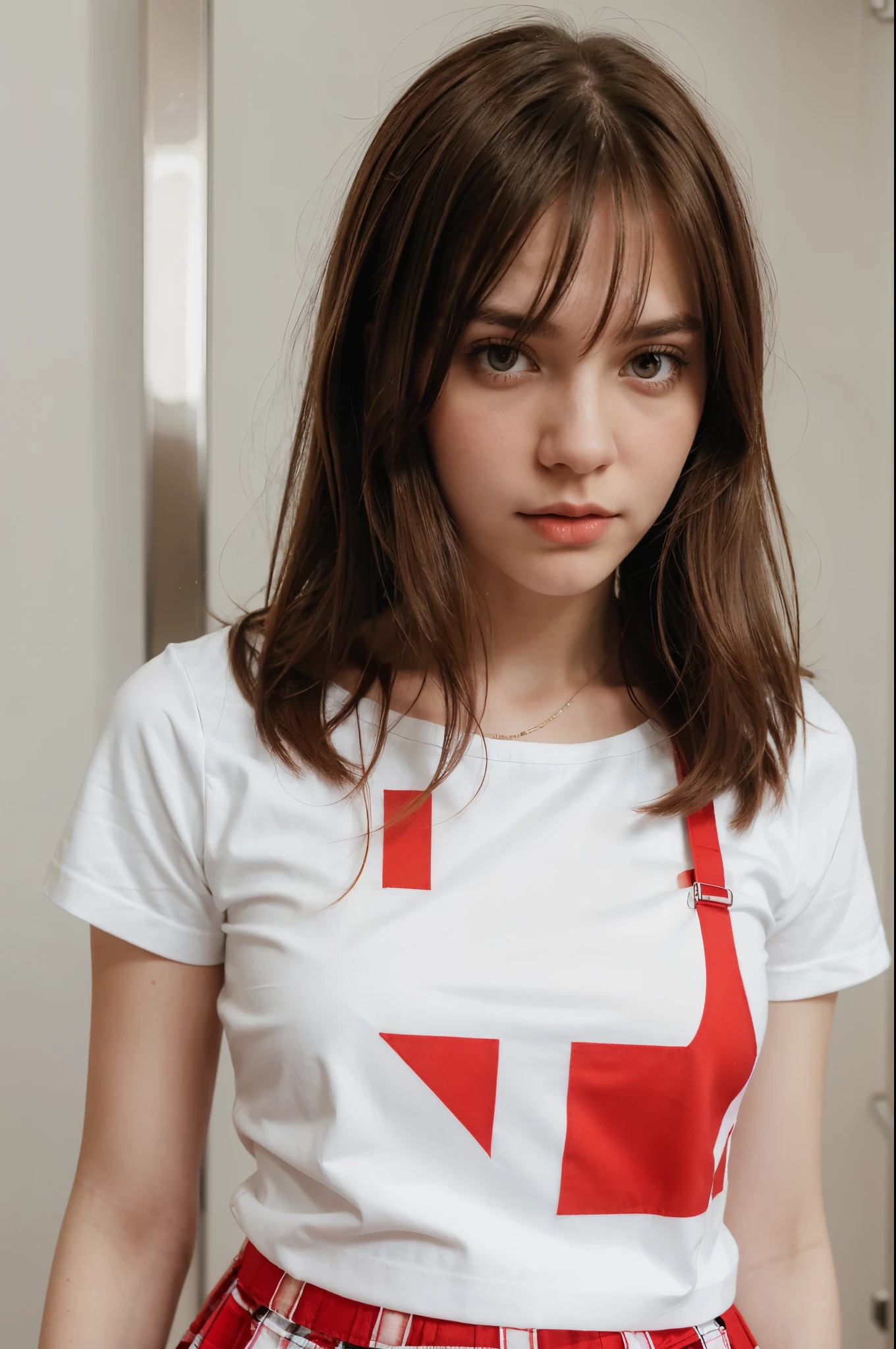 Short white girl with straight hair, straight brown hair, wearing white top, white top and red skirt with checks, red skirt with black and red checks and watch in hand