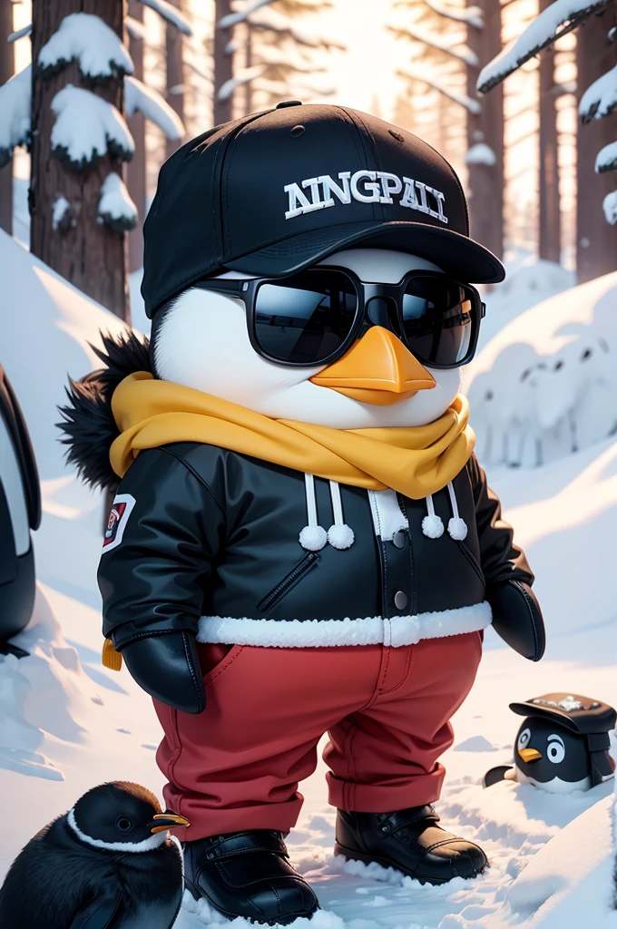 Create a vibrant cute penguin in a baseball cap and sunglasses minimalistic cartoon style, in the background a beautiful snowy forest, surrounded by presents