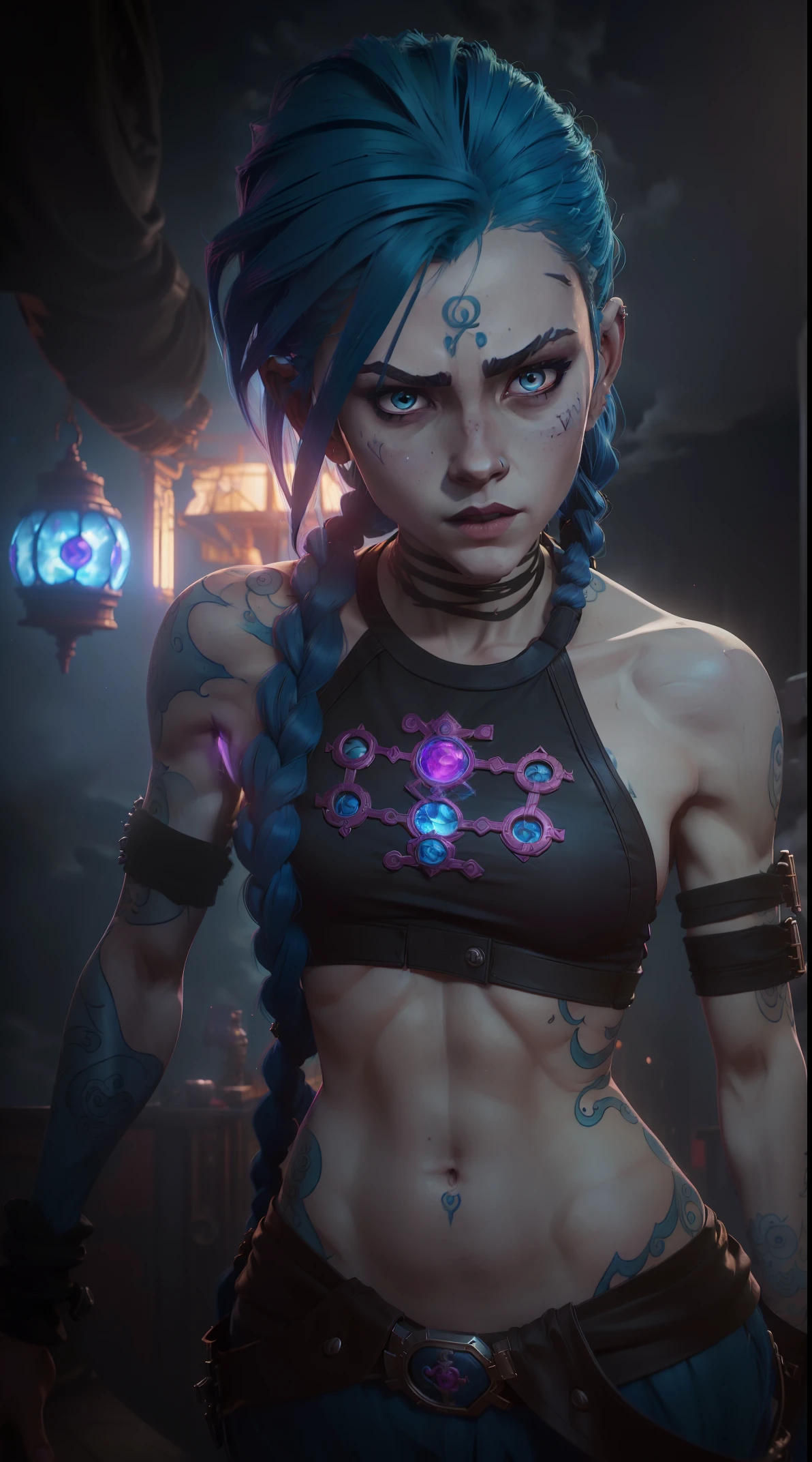 masterpiece,best quality, official art, extremely detailed CG unity 8k wallpaper, ((top quality, 8k, masterpiece: 1.3, ultra hd, high quality, best quality, high definition, ((realism)), sharp focus: 1.5, cinematic lighting, Dark ambience, Garota de cabelo azul, Jinx, Arcane, Arcane style, 1girl, cloud tattoo on the arm, skinny body, asymmetrical bangs, bangs, blue hair, blue braids, brown shirt, cloud tattoo, sideways, blue hair, long hair, pink eyes, red-lips, standingn, tattoo cloud, twin braids, arcane jinx, jinx, arcane(League of Legends\)