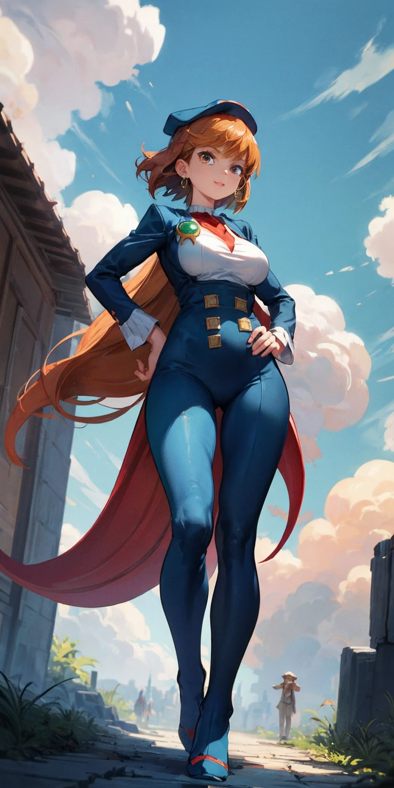 ghibli style, Nausicaa \(Nausicaa\), 1girl, 30 y.o., armlet, bangs, orange hair, Nausicaa outfit, breasts, earrings, floating hair, brown eyes, jewelry, looking at viewer, big breasts, parted bangs, shirt, medium hair, solo, blue shirt , steampunk, ((masterpiece)), from below, looking at viewer, full body standing straight symmetrical, blue high heels, blue wizard hat, black choker, shackles, hands on hip
