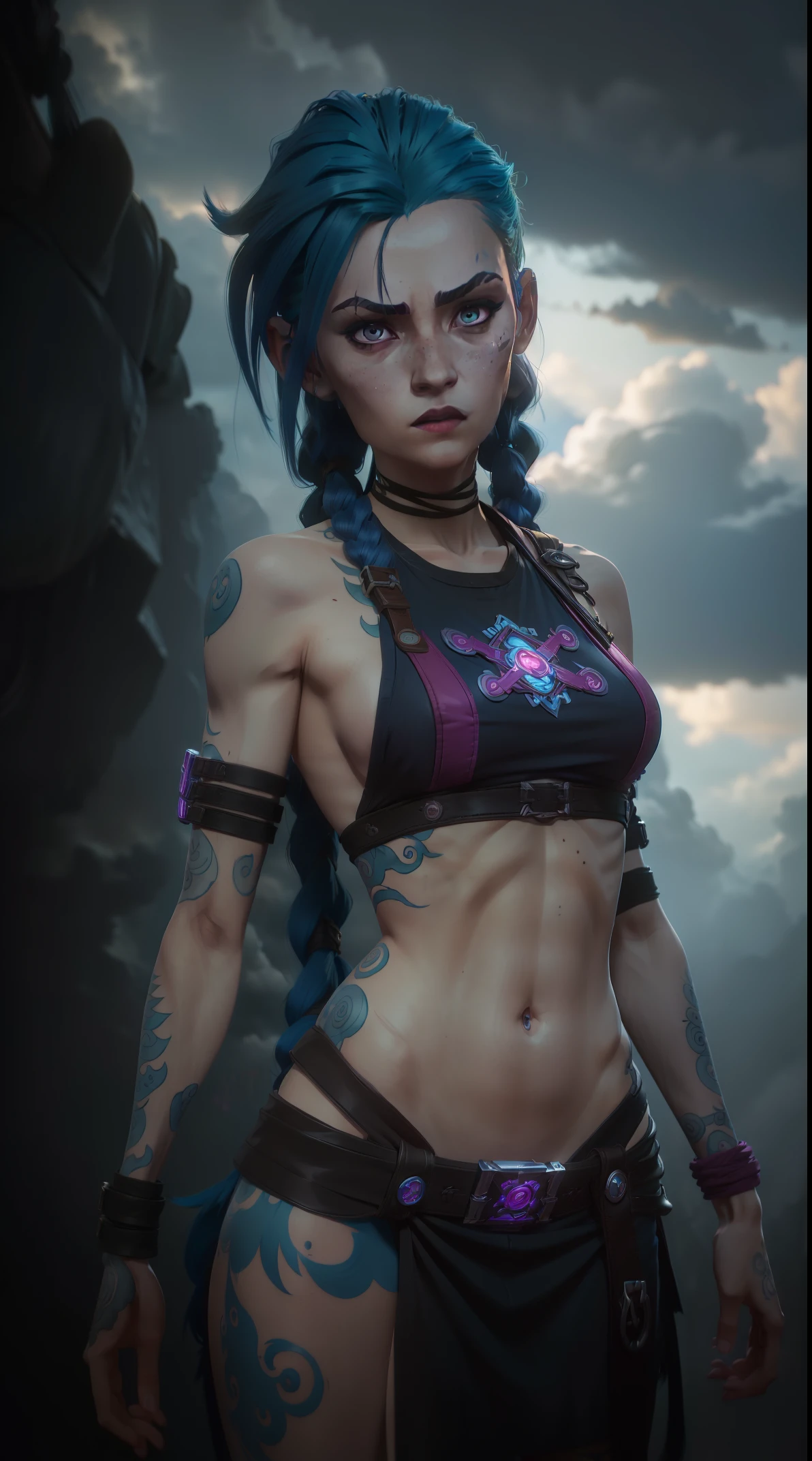 masterpiece,best quality, official art, extremely detailed CG unity 8k wallpaper, ((top quality, 8k, masterpiece: 1.3, ultra hd, high quality, best quality, high definition, ((realism)), sharp focus: 1.5, cinematic lighting, Dark ambience, Garota de cabelo  azul, Jinx, Arcane, Arcane style, 1girl, cloud tattoo on the arm, skinny body, asymmetrical bangs, bangs, blue hair, blue braids, brown shirt, cloud tattoo, sideways, blue hair, long hair, pink eyes, red-lips, standingn, tattoo cloud, twin braids, arcane jinx,  jinx, arcane(League of Legends\)