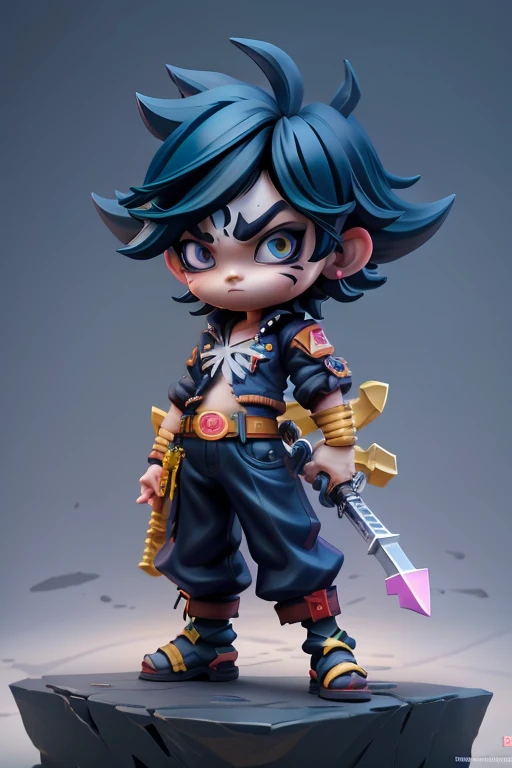 a close up of a toy figure of a kid with a sword, anime styled 3d, stylized anime, badass anime 8 k, high detail iconic character, joker as naruto, trigger anime artstyle, demon slayer rui fanart, realistic anime 3 d style, anime figurine, 3 d render official art, small character. unreal engine 5, otaku gangasta