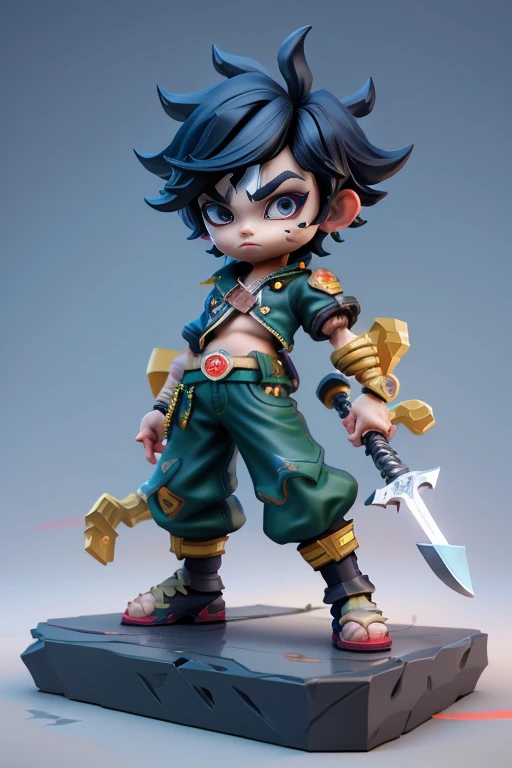 a close up of a toy figure of a kid with a sword, anime styled 3d, stylized anime, badass anime 8 k, high detail iconic character, joker as naruto, trigger anime artstyle, demon slayer rui fanart, realistic anime 3 d style, anime figurine, 3 d render official art, small character. unreal engine 5, otaku gangasta