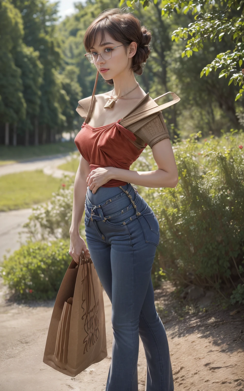 (8K, Masterpiece, RAW photo, Best quality, detail:1.3), (ultra realistic Natural background, scenary:1.5), Depth of field, Cinematic light, (ultra realistic face), (1 picture of 1 solo girl Airim Jones:1.6), 1girl, (Beautiful and elegant Russian girl), (skinny girl with glasses), (European face:1.3), (perfect complete full body:1.6), (full body shot including shoes:1.6), (perfect [frontal view|side profile|back profile]:1.5), (small necklace, collarbone:1.1), ( [bangs|pigtails|bob|pixie] hair:1.5), (ultra detailed skin:1.4), (sexy red minitop:1.5), (soft fabric miniTop:1.5), (Paperbag Waist Jeans:1.7), (perfect standing pose:1.5), (perfect long legs:1.4), (low rise jeans:1.5), (low waisted jeans:1.5), (perfect shoes:1.5), (perfect feet:1.5)