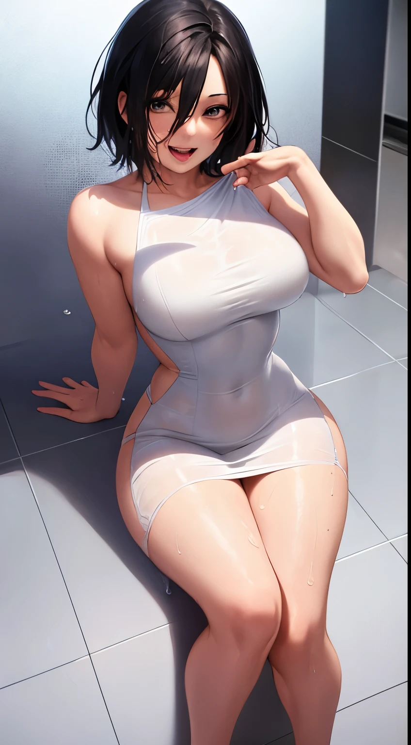 1girl in, Mikasa Ackerman, (Black hair:1.3), Hair between the eyes, Short hair, Gray eyes, Gentle lips, Medium undersized breasts, lying on bathtub, (((wet dress, white long dres))), lifting dress, big smile, open mouth, 25 years old women, beautiful young woman, gorgeous model, attractive pose, sexy pose, beautiful woman, sexy :8, goddess, full body photo, Ultra-Detailed Face, Detailed Lips, Detailed Eyes, perfect eyes, Double Eyelids, thick thigs, thicc, perfect body, perfect anatomy, perfect hands, perfect legs, wet skin, wet hair, Realistic skin, cinematic lighting, colorful, lighting dress, eyes on the view, front focus, fantasy art, photo realistic, dynamic pose, dynamic low lighting, poster, 8k