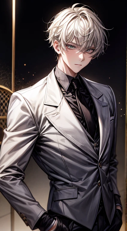 1man, Face Focus, [[[high school laser uniform, Gray jacket, white  shirt, Black tie, Underpants, frontage, top-quality, adopt, A detailed face, simple background、white backgrounid、[[[Yellow hair]]]、[[[yellow  eyes]]]、confident facial expression、The upper part of the body