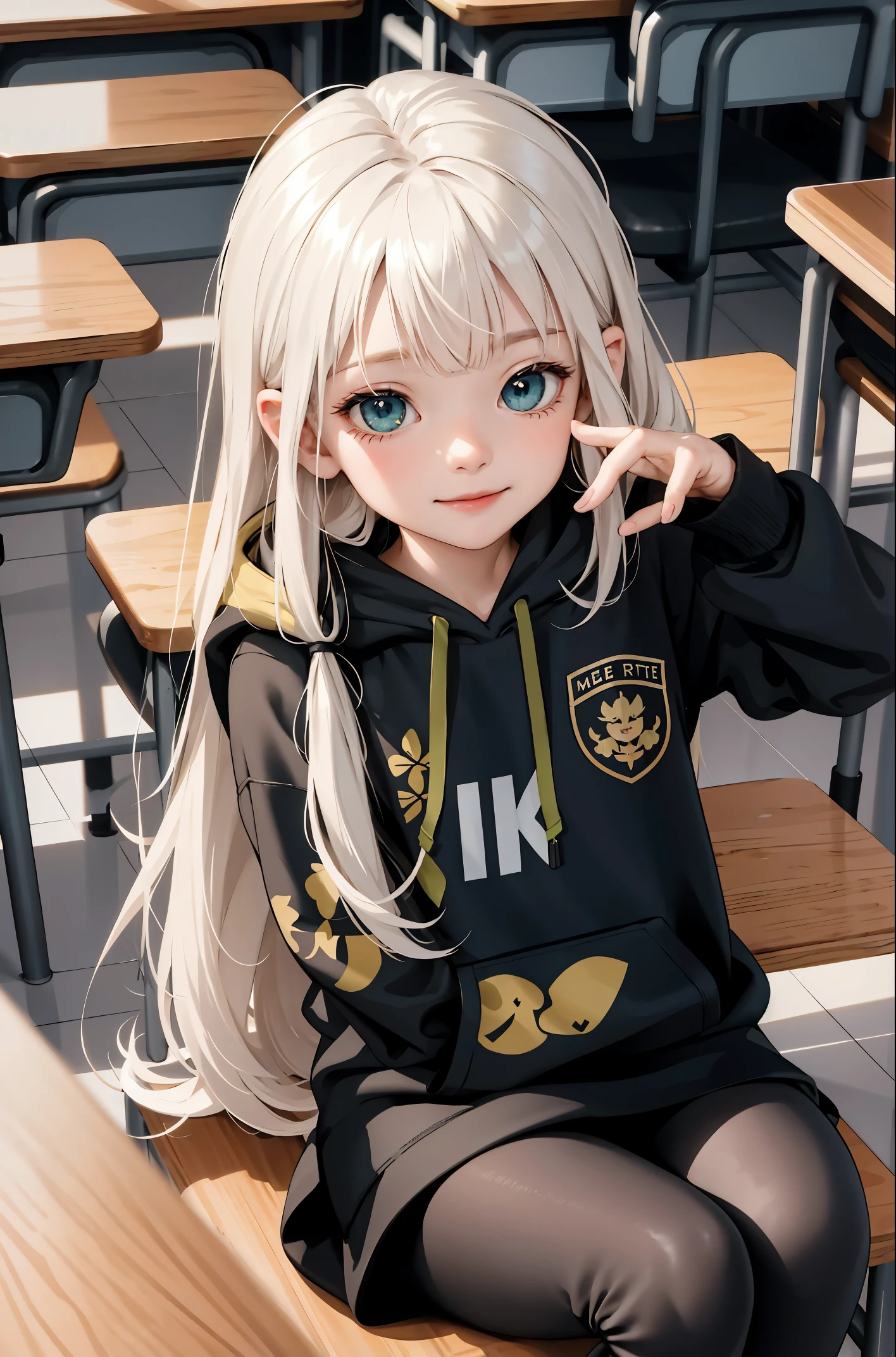 (masterpiece:1.2, best quality), (real picture, intricate details), 1lady, solo, upper body, showing legs, sitting down, school, school settings, long hair, minimal makeup, detailed face, smiling, really long light platinum blonde hair, bangs, hair between eyes, green eyes, 6 years old, child, cute child, young child, small body, tiny body, petite proportions, SFW, tiny, really tiny, petite, young girl 1.3, really young, tiny, child, SFW, clothes, leggings, leggings pants, leggings, oversized hoodie, hoodie, leggings and hoodie, hoodie and leggings, (school classroom), (school), (cute), (innocent), (child), (little girl)
