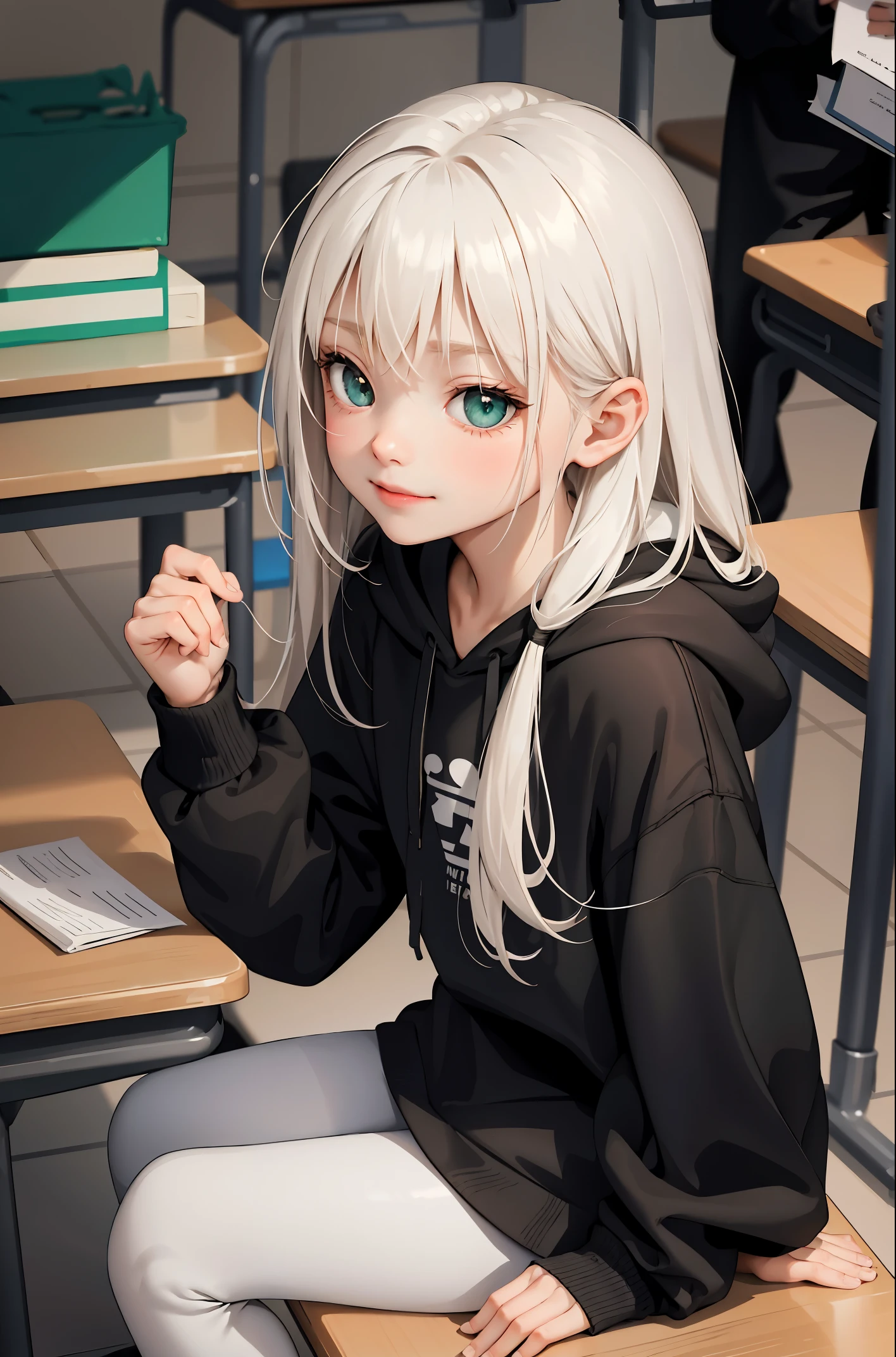 (masterpiece:1.2, best quality), (real picture, intricate details), 1lady, solo, upper body, showing legs, sitting down, school, school settings, long hair, minimal makeup, detailed face, smiling, really long light platinum blonde hair, bangs, hair between eyes, green eyes, 6 years old, child, cute child, young child, small body, tiny body, petite proportions, SFW, tiny, really tiny, petite, young girl 1.3, really young, tiny, child, SFW, clothes, leggings, leggings pants, leggings, oversized hoodie, hoodie, leggings and hoodie, hoodie and leggings, (school classroom), (school), (cute), (innocent), (child), (little girl)
