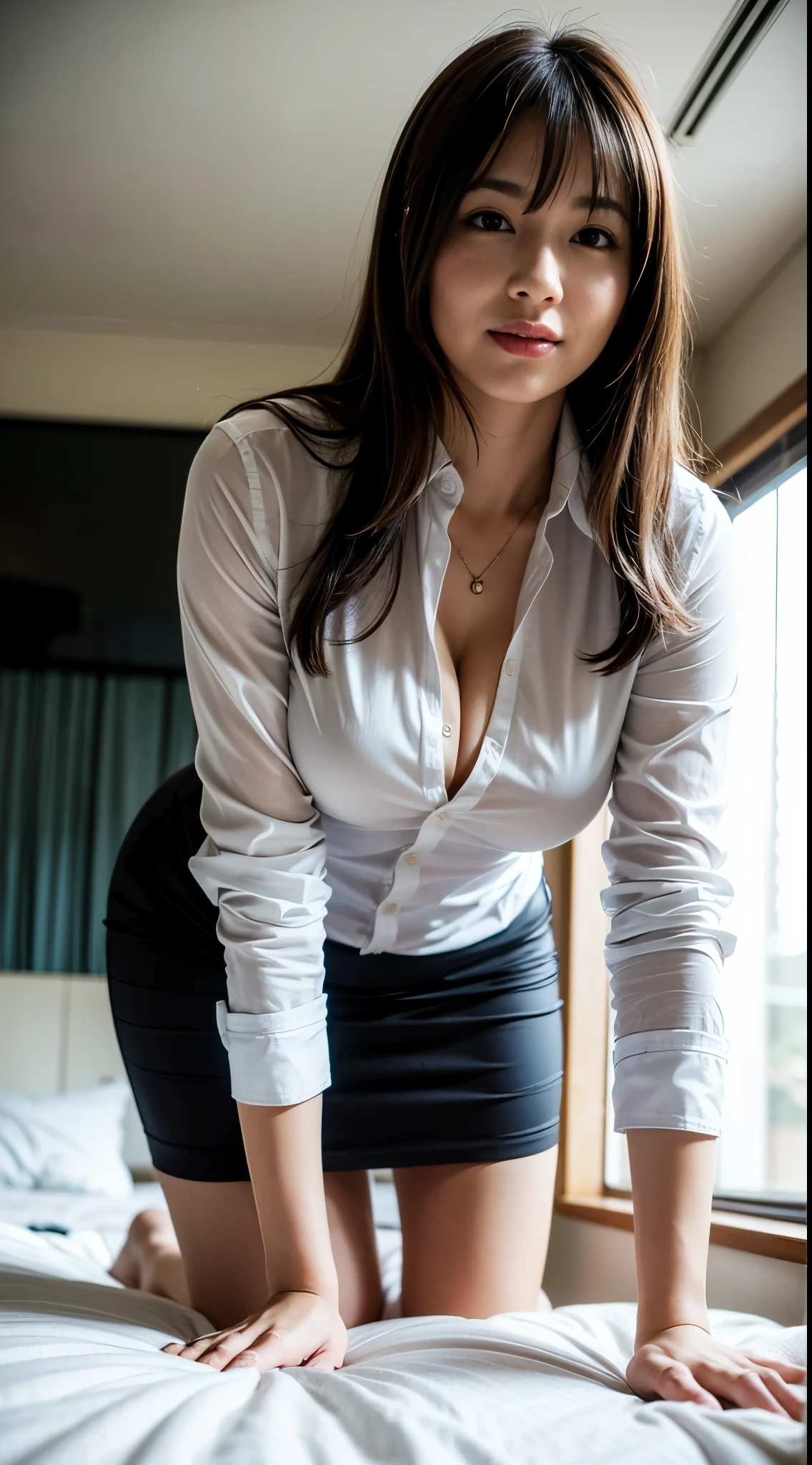 1 woman, thighs, all fours on bed, looking down, from below, office lady, realistic, raw photo, white shirt, pencil skirt, pantyhose, medium hair, bangs, looking at viewer, best quality, large breast, smile,