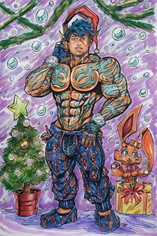 a drawing of a man with a christmas tree and bunny, inspired by Rob Liefeld, colorful muscular eldritch, jojo anime style, guyver style, baki style, full color drawing, anime character; full body art, highly detailed exquisite fanart, high quality colored sketch, joseph joestar, baki the grappler, inspired by Masamune Shirow