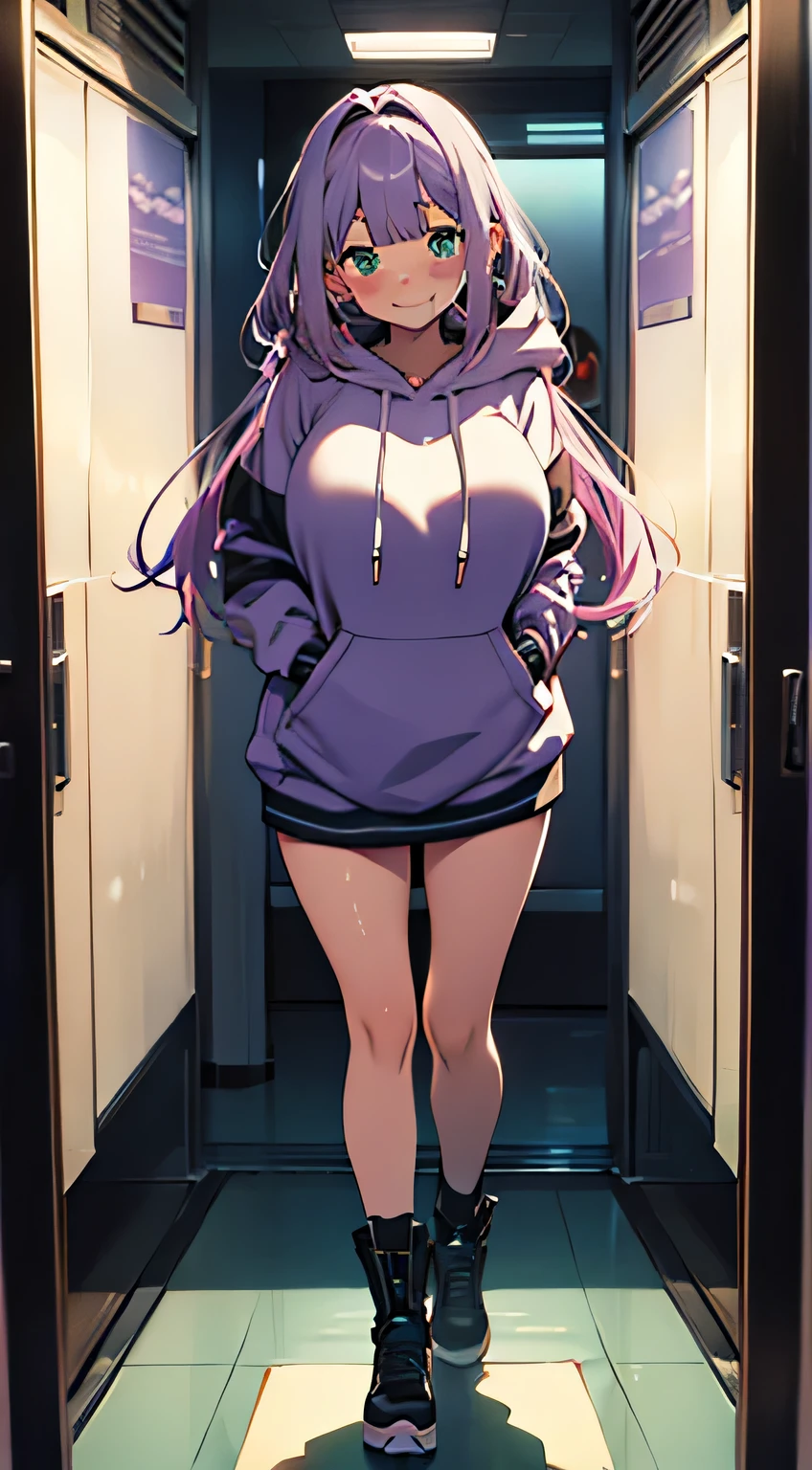(masterpiece, highres, high resolution:1.2), anime 20 yo girl, wearing a hoodie , posing in elevator mirror, posing, illustration. drawn, violet hair woman, green eyes, blushing, shy, full body, solo, shy, blushing a lot, freckles, huge breasts, perfect body, anime girl, smiling, full body, all body, , hide hands, hide feets.