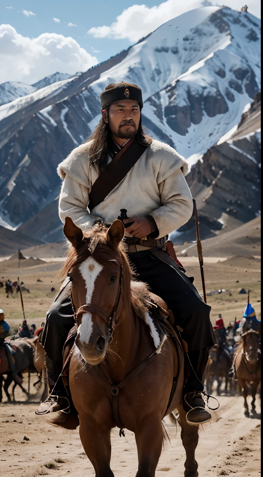 genghis khan, high quality face, riding on a horse with 4 legs , there is a huge army of mongolian warriors on horses with 4 legs behind him, they are in front of a big snowy mountain, there are grim skies, mongolia 1150 ad, highres, 8k resolution, best quality, high detail, accurate faces