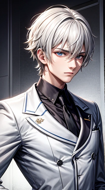 1man, Face Focus, [[[high school laser uniform, Gray jacket, white  shirt, Black tie, Underpants, frontage, top-quality, adopt, A detailed face, simple background、white backgrounid、[[[dark golden hair]]]、[[[Golden eyes]]]、confident facial expression、The upper part of the body