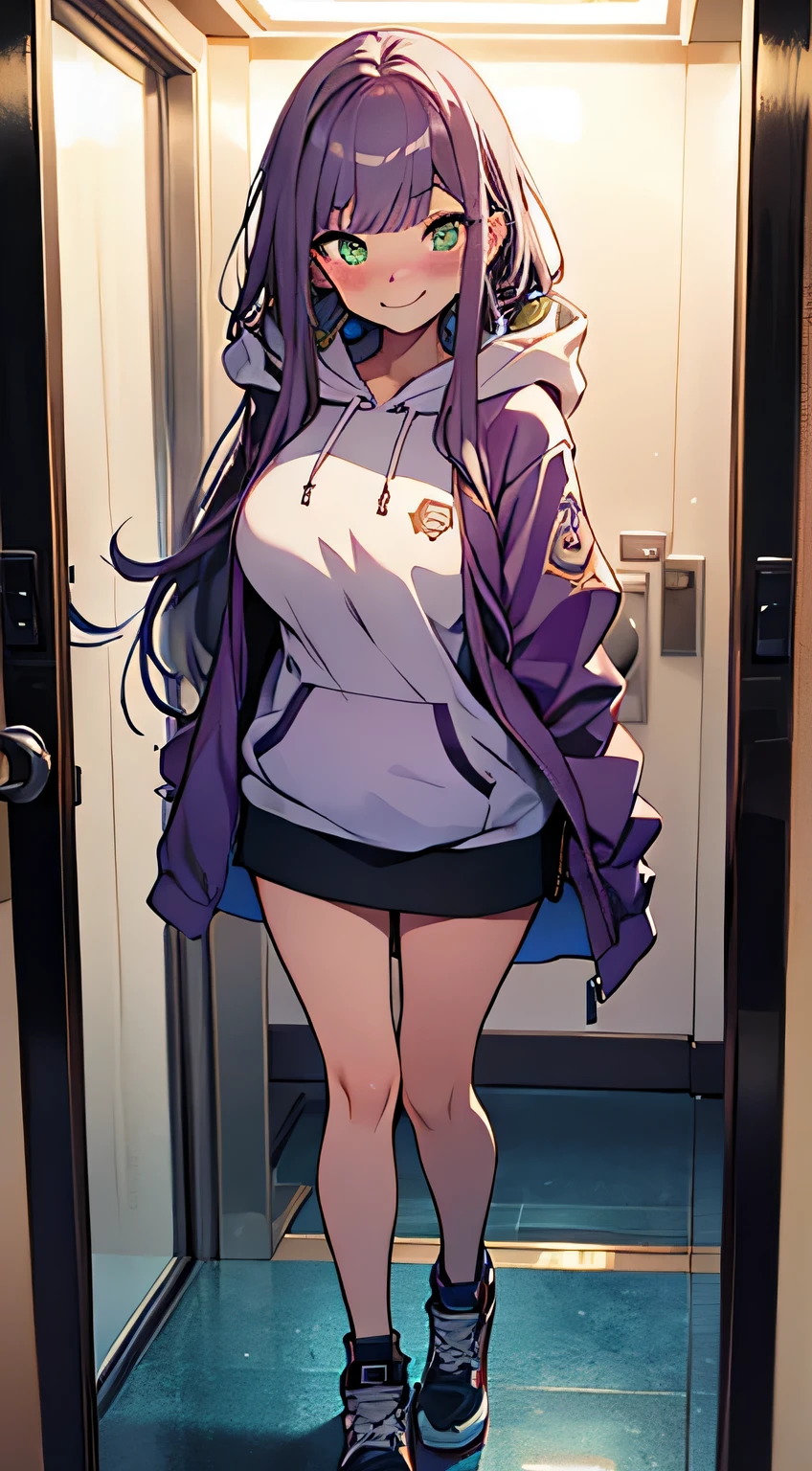 (masterpiece, highres, high resolution:1.2), anime 20 yo girl, wearing a hoodie , posing in elevator mirror, posing, illustration. drawn, violet hair woman, green eyes, blushing, shy, full body, solo, shy, blushing a lot, freckles, huge breasts, perfect body, anime girl, smiling, full body, all body, , hide hands, hide feets.