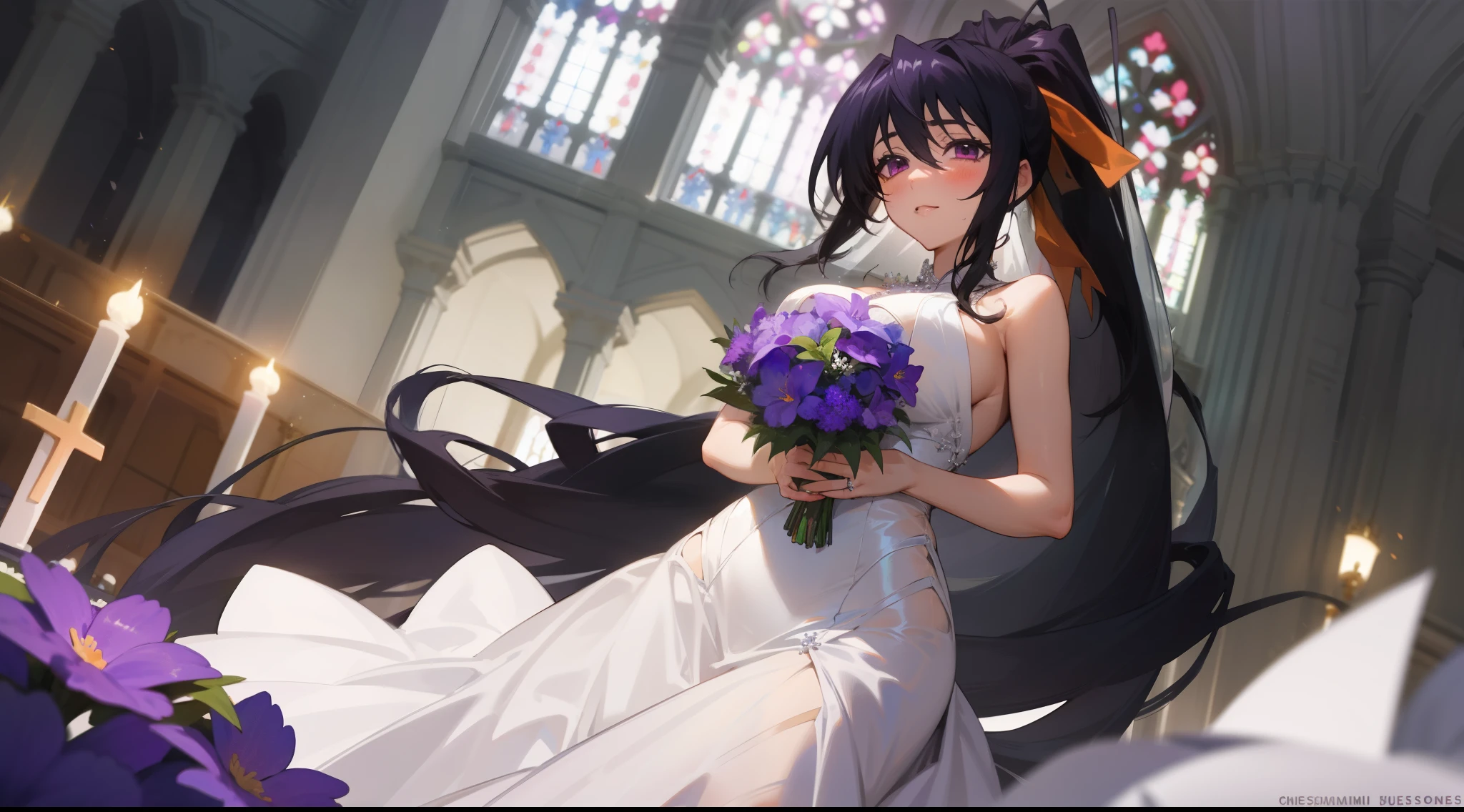 (1girl), himejima_akeno, black hair, ponytail, ((very long hair)), ribbon,), huge tits, purple Flowers, in a wedding dress, church, Bouquet in hands