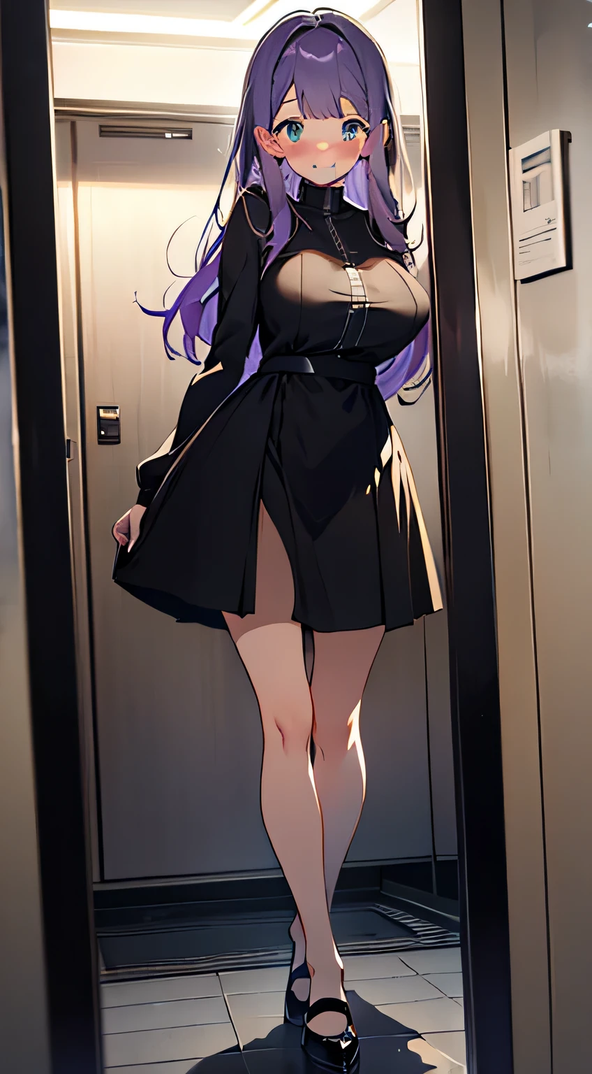(masterpiece, highres, high resolution:1.2), anime 20 yo girl, wearing a short dress , posing in elevator mirror, posing, illustration. drawn, violet hair woman, green eyes, blushing, shy, full body, solo, shy, blushing a lot, freckles, huge breasts, perfect body, anime girl, smiling, full body, all body, , hide hands, hide feets.