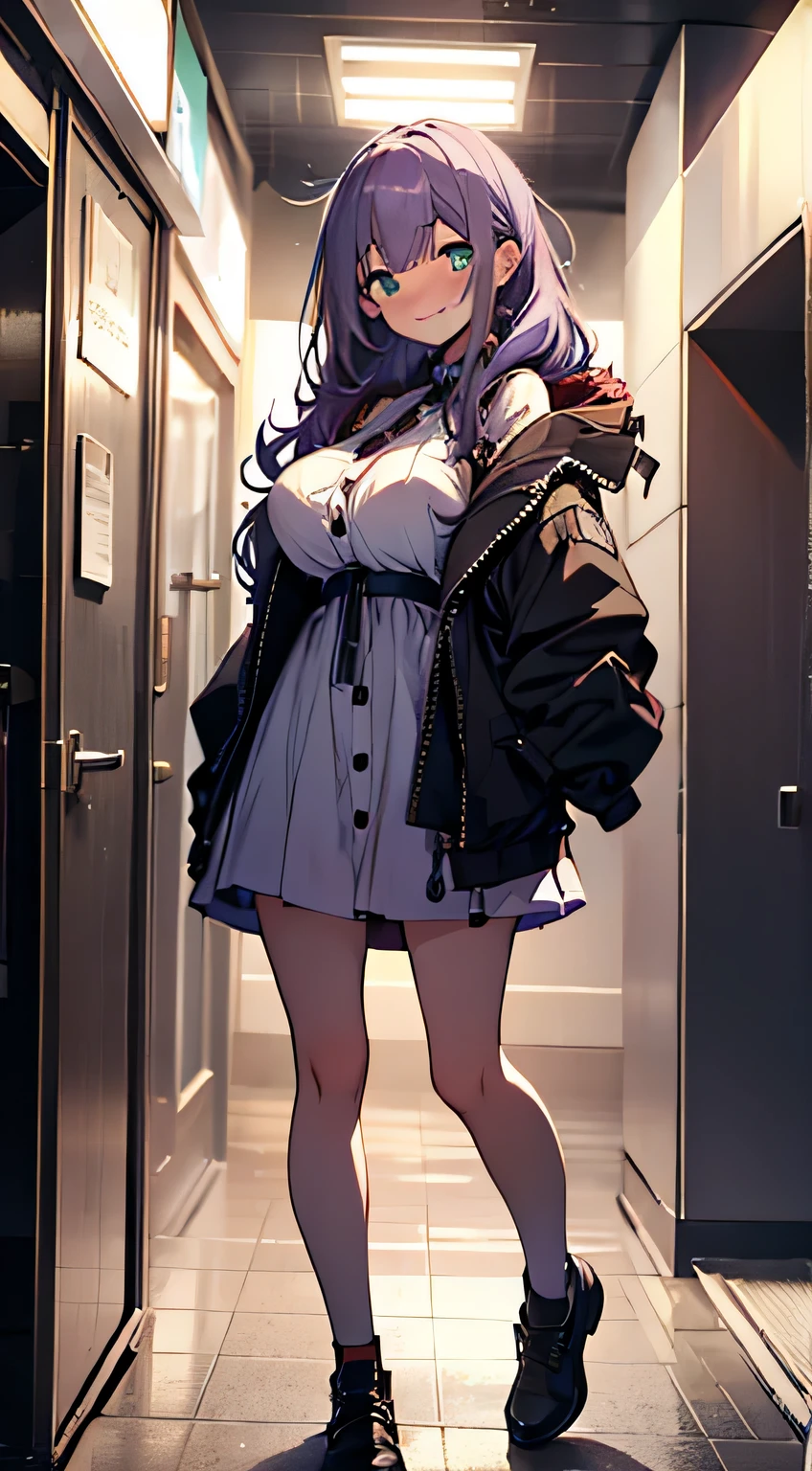 (masterpiece, highres, high resolution:1.2), anime 20 yo girl, wearing a short dress , posing in elevator, posing, illustration. drawn, violet hair woman, green eyes, blushing, shy, full body, solo, shy, blushing a lot, freckles, huge breasts, perfect body, anime girl, smiling, full body, all body, , hide hands, hide feets.