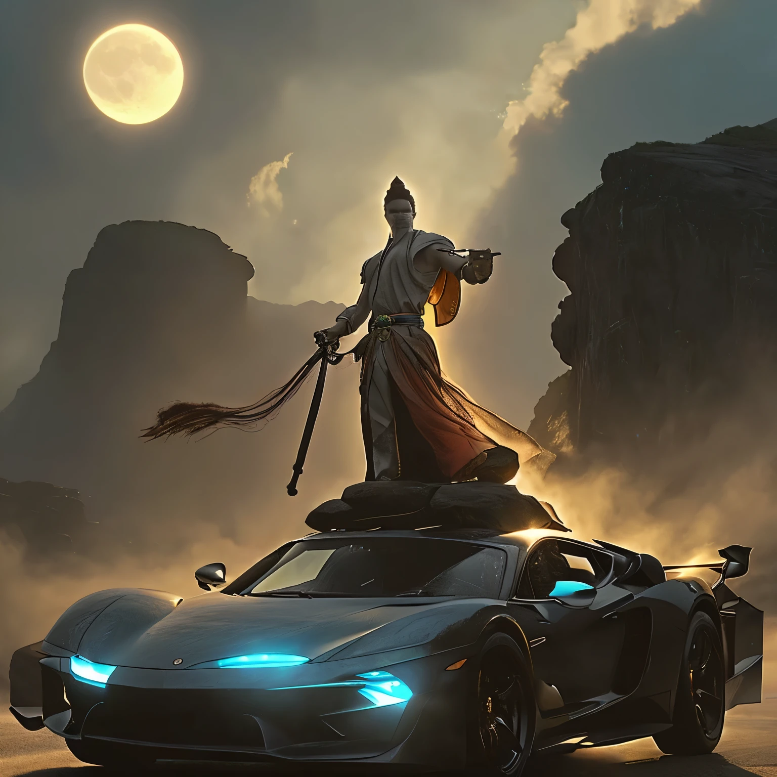 Close-up of an ancient man standing on a sports car on the road，The background is the full moon, , Digital fantasy art ), trending Digital fantasy art, 4K fantasy art, 8k fantasy art, by Qu Leilei, epic fantasy sci fi illustration, anime art vehicle concept art, Epic fantasy art style HD，bard，ancient and modern，Supercar