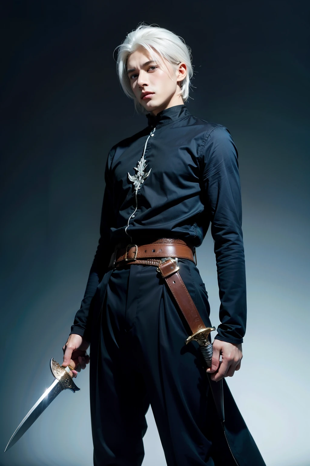The boy with white hair,Sword in hand,Anime two-dimensional style,Blackn clothes