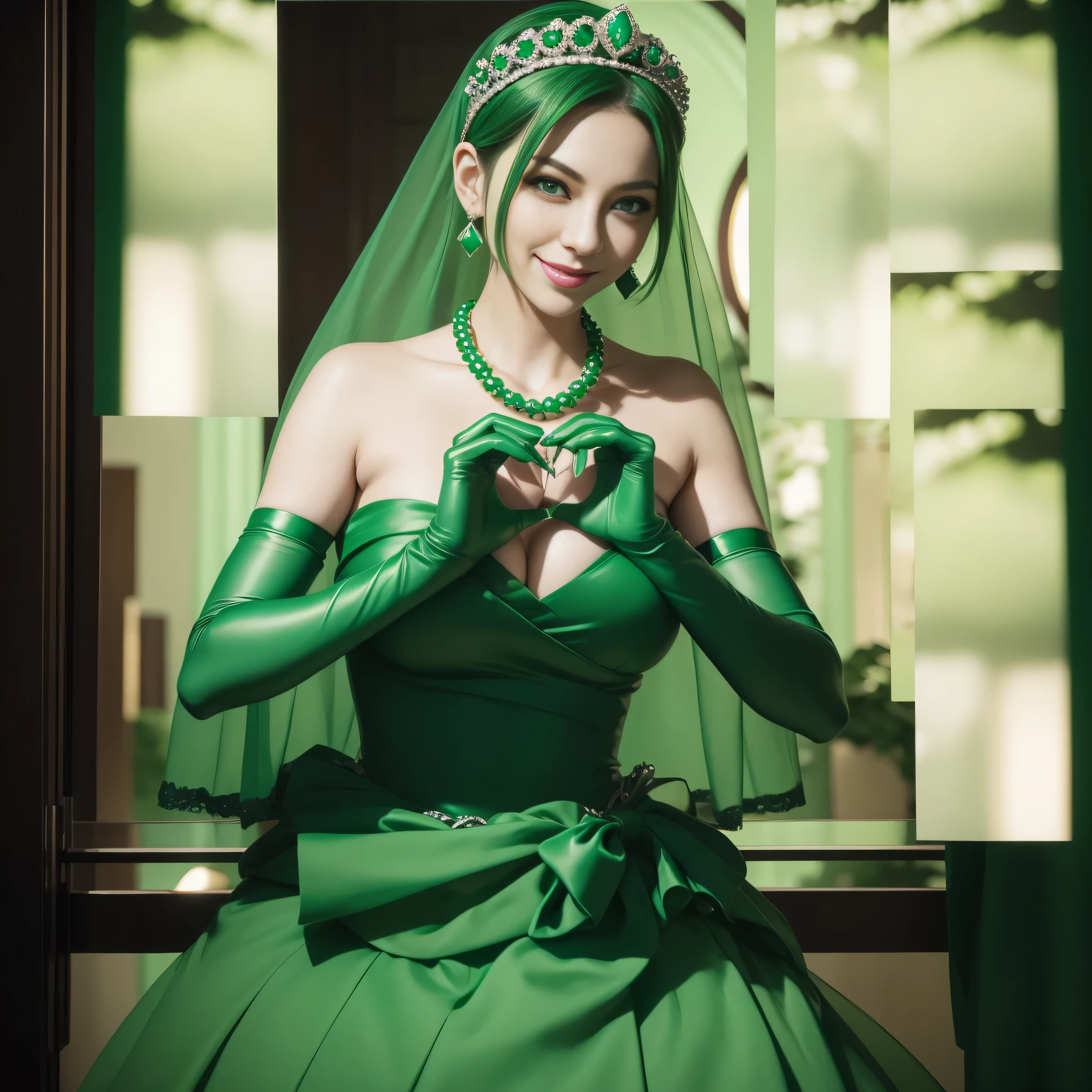 emerald tiara, Green Pearl Necklace, Boyish very short green hair, lipsticks, Japan woman smiling, very short short hair, big breasts beautiful, Green eyes, Long green gloves made of satin material, Green eyes, Emerald Earrings, green vale, 両Heart in the hand, Heart in the hand