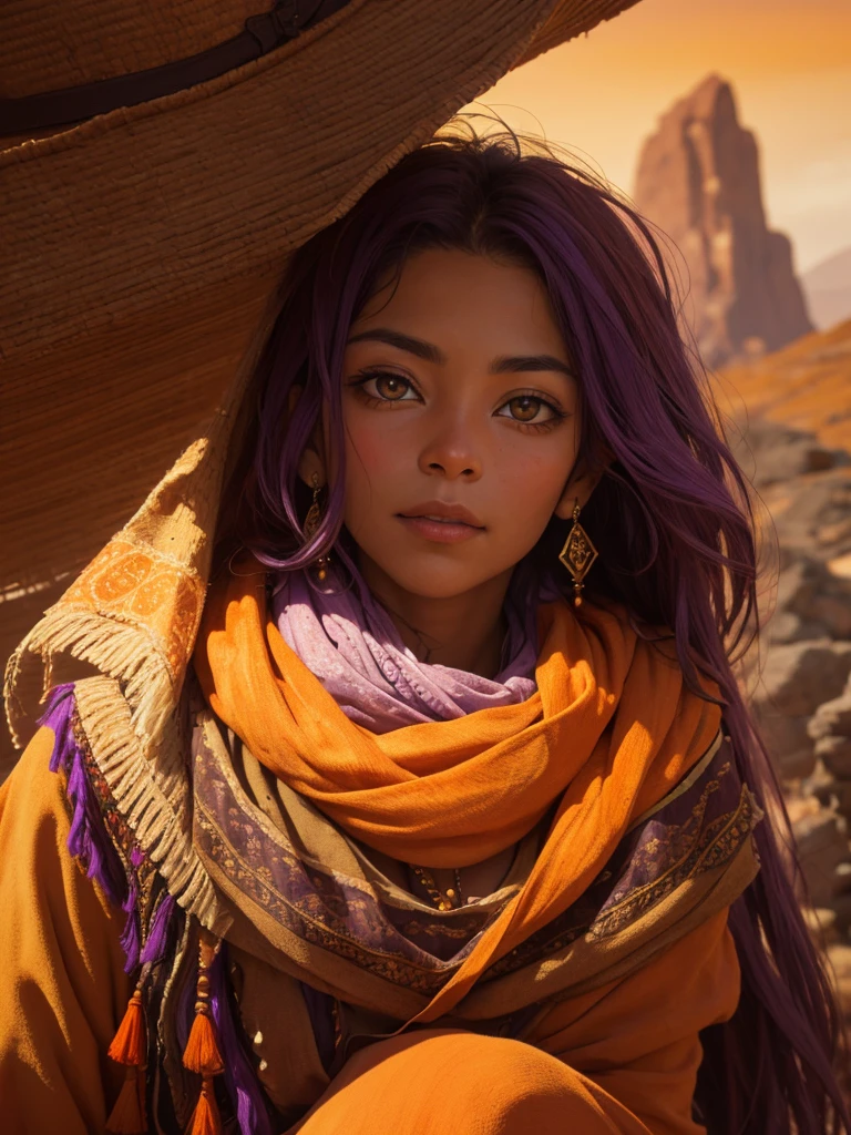16k, seductiv gipsy traveller, golden eyes, sepia, orange, soft warm purple side light, depth background of wild mountain