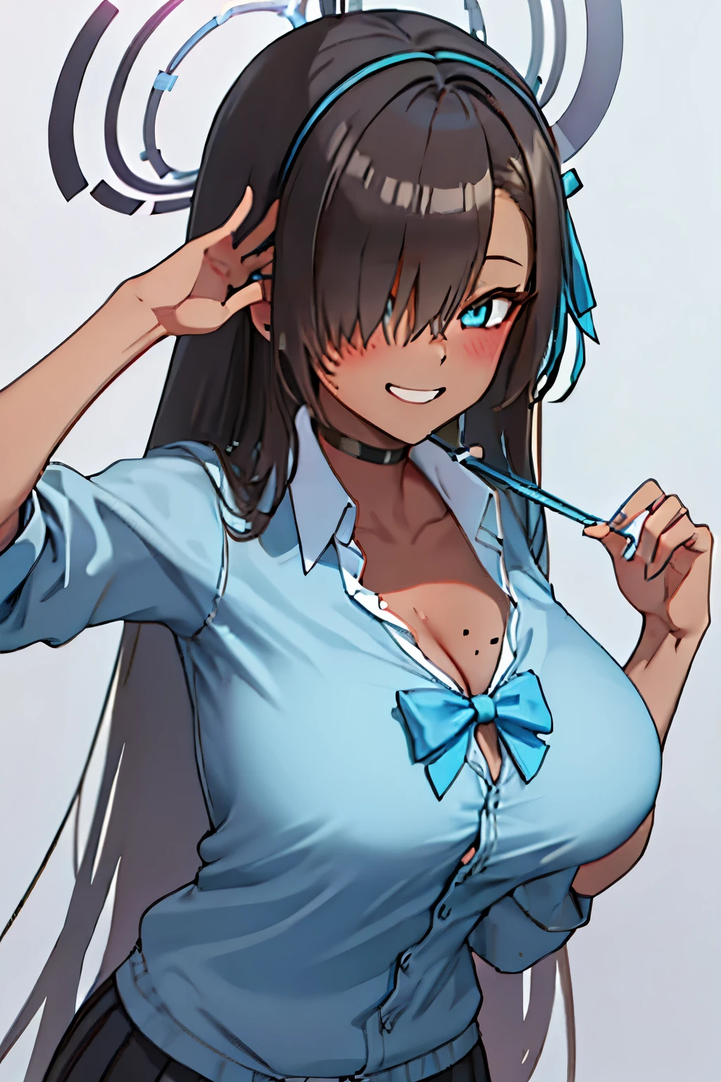 long_hair, bangs, blue_eyes, smile, hair_over_one_eye, light_brown_hair, breasts, blush, halo, large_breasts, ribbon, bow, bowtie, hair_ribbon, blue_bow, blue_bowtie, cleavage, blue_ribbon, very_long_hair, mole, mole_on_breast, dark skin, hair covering one eye