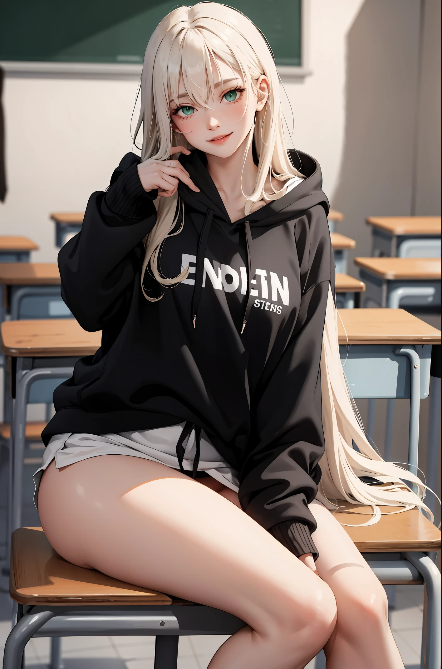 (masterpiece:1.2, best quality), (real picture, intricate details), 1lady, solo, upper body, showing legs, sitting down, school, school settings, long hair, minimal makeup, detailed face, smiling, really long light platinum blonde hair, bangs, hair between eyes, green eyes, big plump breasts, big ass, SFW, clothes, leggings, leggings pants, leggings, oversized hoodie, hoodie, leggings and hoodie, hoodie and leggings, (school classroom), (school), (cute), (innocent)