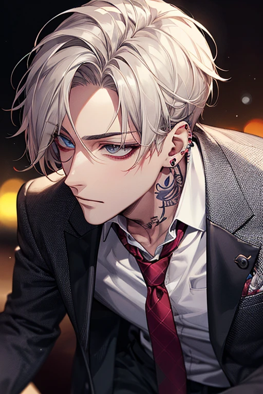 (top-quality:1.4、8K Super Detail CG Wallpapers)、(Cool young man、Blonde spiked hair with red eyes:1.2)、Suits、Tobacco and smoke、piercings