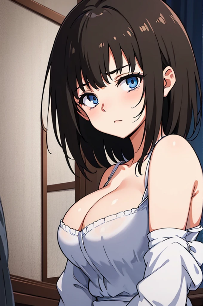 1girl, skinny, big breast, short brown hair, bangs, blue eyes, white nightgown, (tears, blushes), night, bedroom, ((half body))