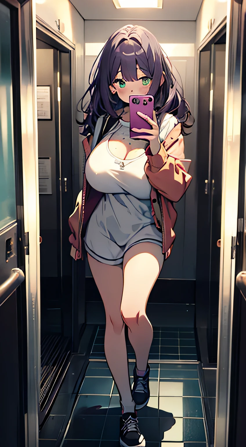 (masterpiece, highres, high resolution:1.2), anime 20 yo girl, wearing casual clothes, take selfie of herself in elevator mirror, posing, illustration. drawn, violet hair woman, green eyes, blushing, shy, full body, solo, shy, blushing a lot, freckles, huge breasts, perfect body, anime girl, smiling, full body, all body, , hide hands, hide feets.