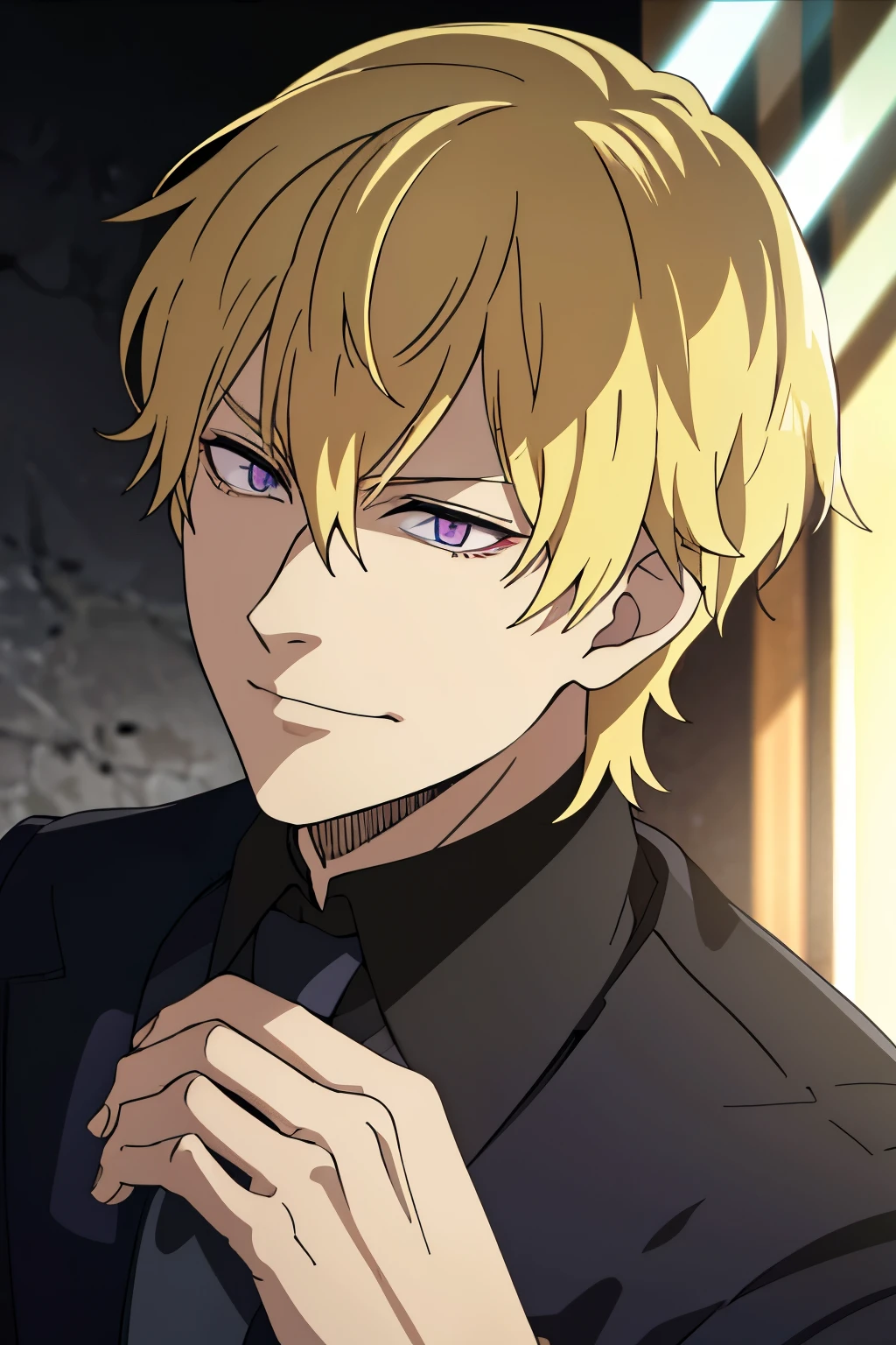 1boy, blonde hair, violet eyes, short haircut,messy short hair, bangs, black necktie, black long suit, long sleeves, evil smirk