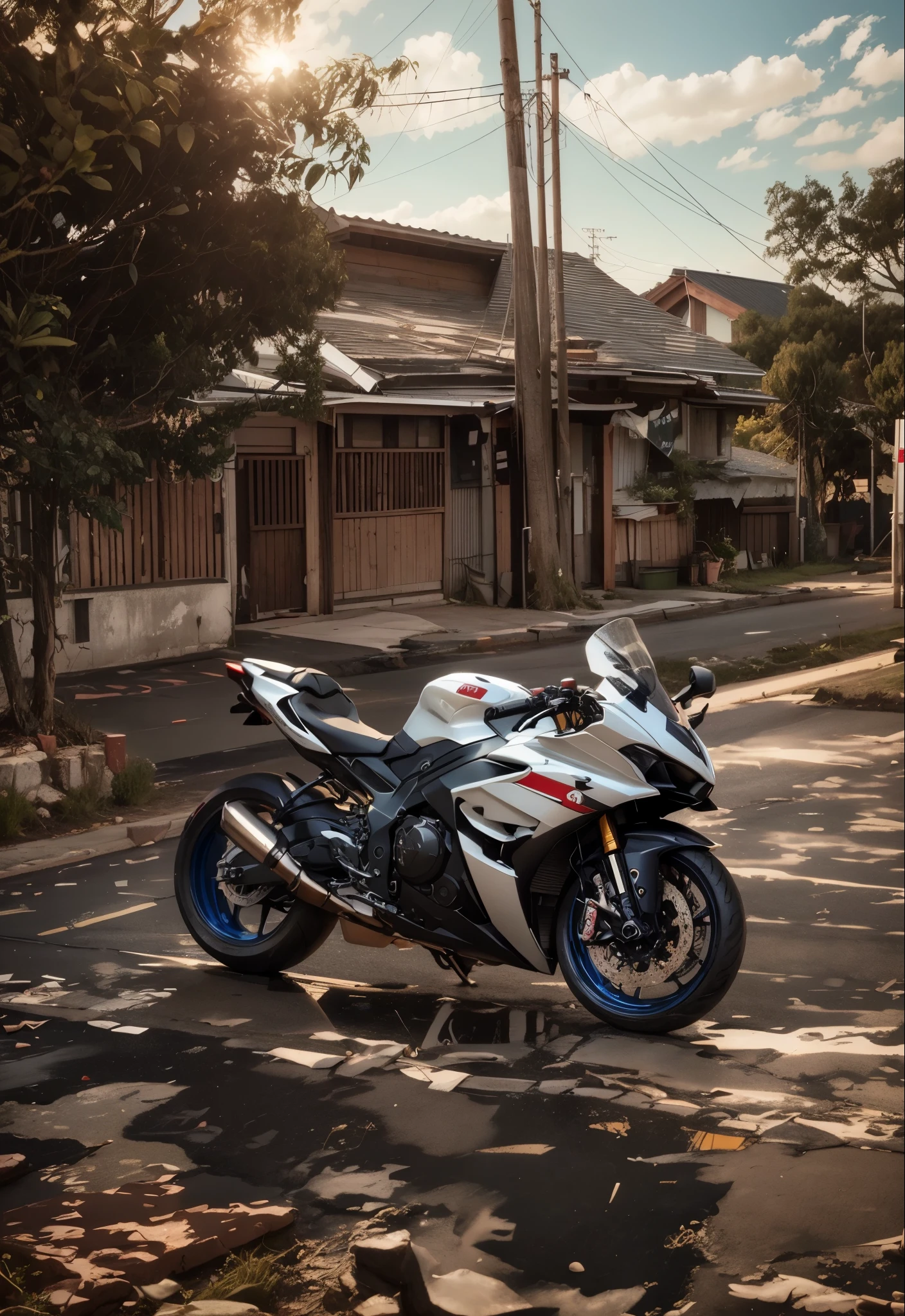 there is a motorcycle parked on the side of the road, front side full, r6, translucent sss, front side, super wide, rear-shot, f32, white red,red blue, green, f 3 2, unreal enging, front profile, yoshimura exhaust, random background : 3, wide shoot, taken with sony a7r camera, rear shot
