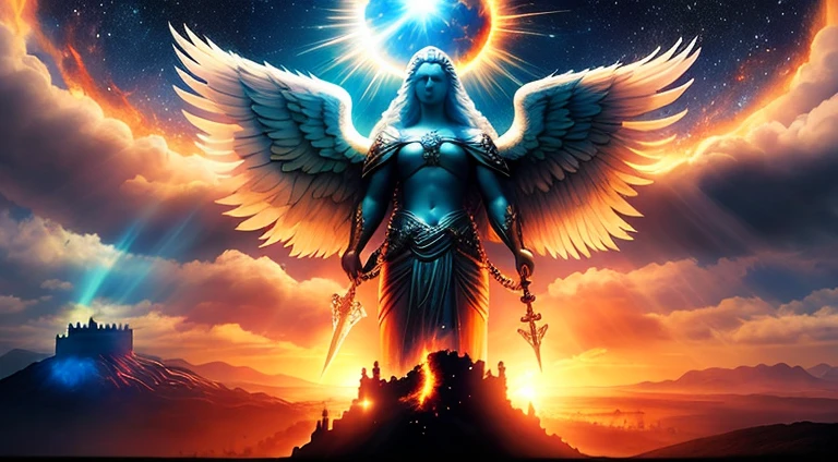 Fundo do Grande Castelo, Ten angels are with swords, Behind the angel is the glow. Detalhes enormes, There's the sun in the sky and lava on the ground