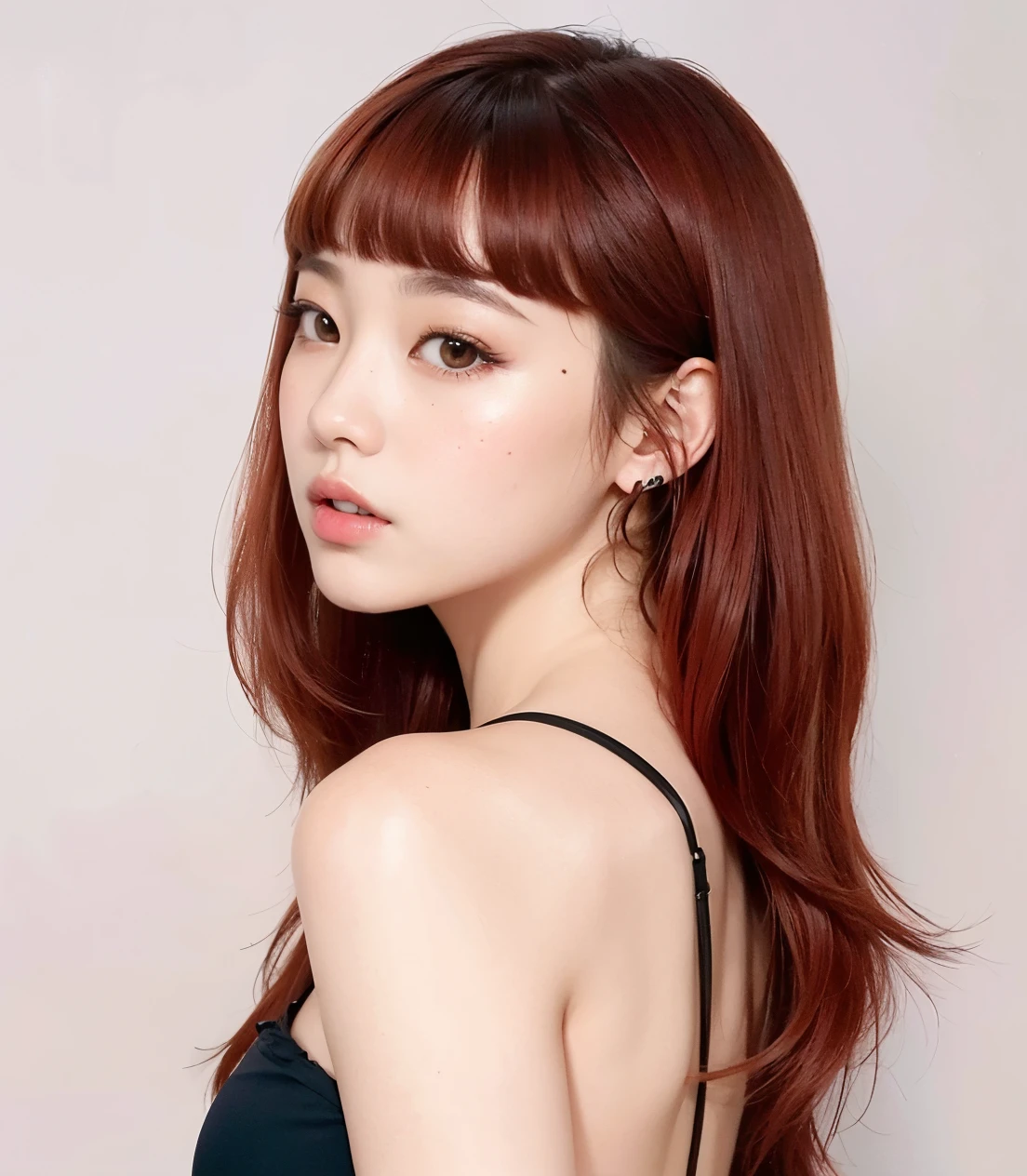 a close up of a woman with long red hair wearing a bra, Lalisa Manobal, Parque Ji-min, O corte Hime, cabelo castanho coral, Lee Ji - Eun, Lee Ji-eun, Jaeyeon Nam, com franja, neat hair com franja, Lalisa Manoban do Blackpink, Heonhwa Choe, Jinyoung Canela, franja marrom