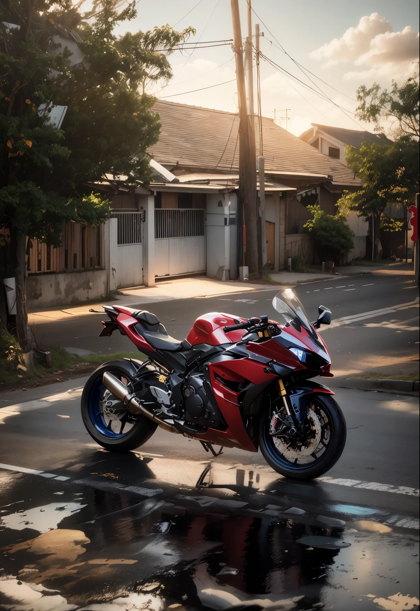 there is a motorcycle parked on the side of the road, front side full, r6, translucent sss, front side, super wide, rear-shot, f32, white red,red blue, green, f 3 2, unreal enging, front profile, yoshimura exhaust, random background : 3, wide shoot, taken with sony a7r camera, rear shot