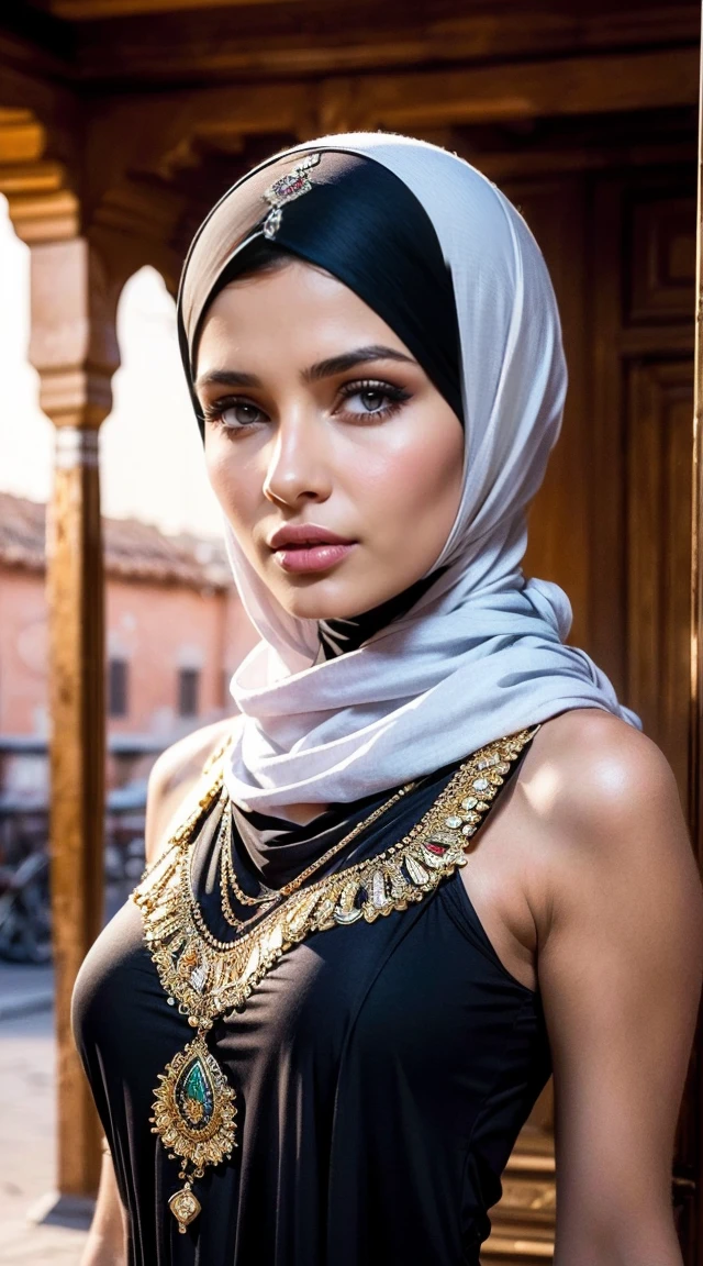 Moroccan girl, Brunnete, (Traditional respectful covered dress with very loose head scarf), (Morrocan souk environment), masterpiece, best quality, highly detailed, (Beautiful and detailed eyes beautiful and detailed face), (Best Quality), (ultra-detailed), (masterpiece), (high resolution), (Original), ultra-realistic.