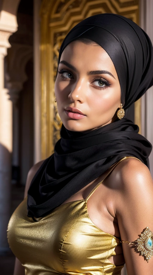 Moroccan girl, Brunnete, (Traditional respectful covered dress with very loose head scarf), (Morrocan souk environment), masterpiece, best quality, highly detailed, (Beautiful and detailed eyes beautiful and detailed face), (Best Quality), (ultra-detailed), (masterpiece), (high resolution), (Original), ultra-realistic.