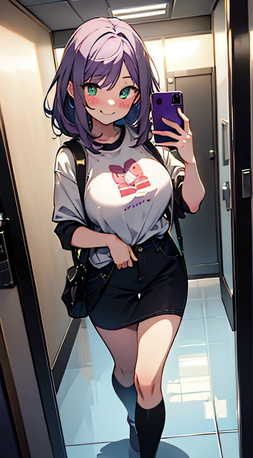 (masterpiece, highres, high resolution:1.2), anime 20 yo girl, wearing casual clothes, take selfie of herself in elevator mirror, posing, illustration. drawn, violet hair woman, green eyes, blushing, shy, full body, solo, shy, blushing a lot, freckles, huge breasts, perfect body, anime girl, smiling, full body, all body, , hide hands, hide feets.