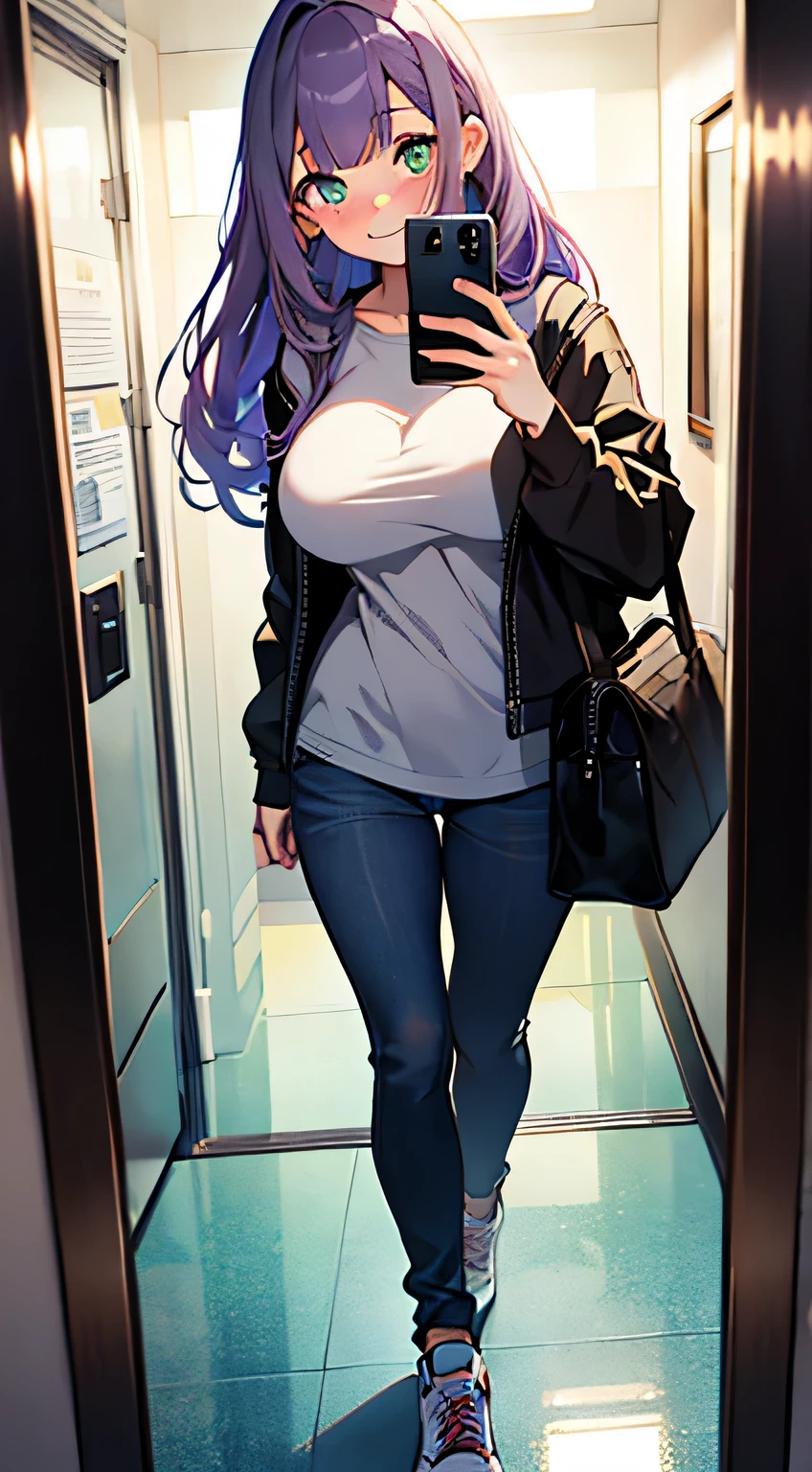 (masterpiece, highres, high resolution:1.2), anime 20 yo girl, wearing casual clothes, take selfie of herself in elevator mirror, posing, illustration. drawn, violet hair woman, green eyes, blushing, shy, full body, solo, shy, blushing a lot, freckles, huge breasts, perfect body, anime girl, smiling, full body, all body, , hide hands, hide feets.