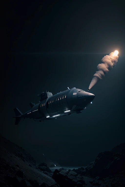 single musty vertical metallic bathyscaphe long vertical submarine Deepsea Challenger 3D floating by gray tissue hot air balloon, blurred dark blue environment, dark depth, low light, dense dark atmosphere