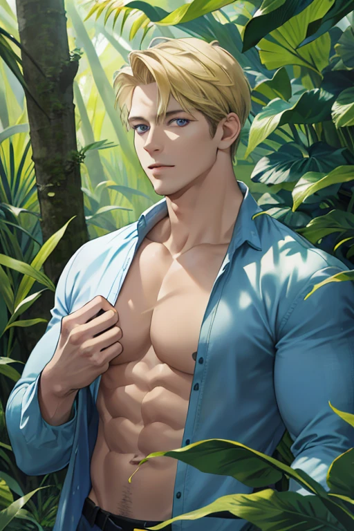 (masterpiece, Best quality 12 year old boy), 1 boy, adult, huge muscles, big body, Slightly modify the abdominal contour, Short blonde hair,brown eyes, complicated, Rainforest, Muscles sparkle in the sun,shirtless,pained expression,bite lip, bright colors,(depth of field:1.2),looking at the audience, sit on stone, huge hyper muscle, huge chest, visible bulge, penis bulge, hands up, bulky body, naked, male cock