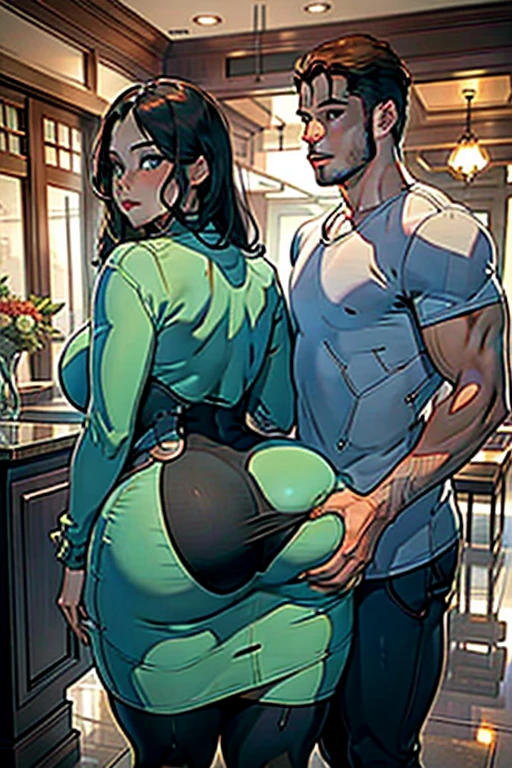 Best quality, man and woman, mature woman, giant ass, very curvy, sea green eyes, full lips, seductive, half lidded eyes, tight thigh high dress, thick thighs, curvy physique, inside a mansion setting, she's walking with a man, man is in a suite, they're walking away from the viewer, man is groping her ass, man is grabbing her ass, he's groping her, he's squeezing her ass, his fingers are digging into her butt cheek