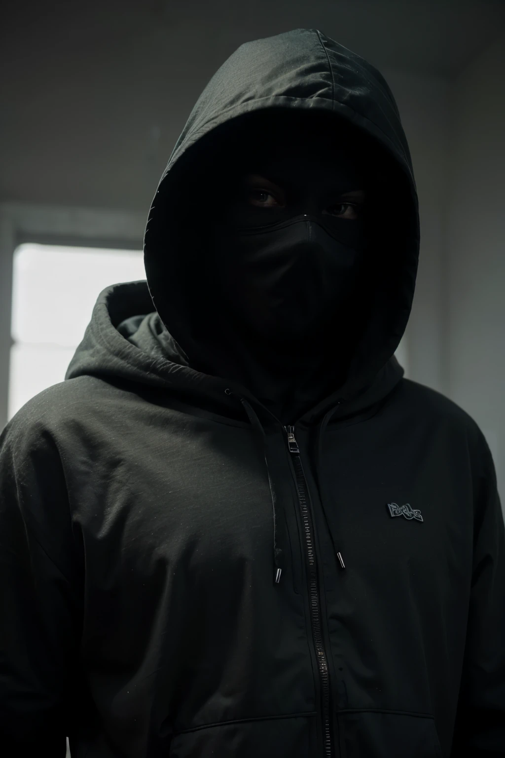Hacker, 4k, ultra realistic, dark hood, no face, rays in green details coming out of the hood