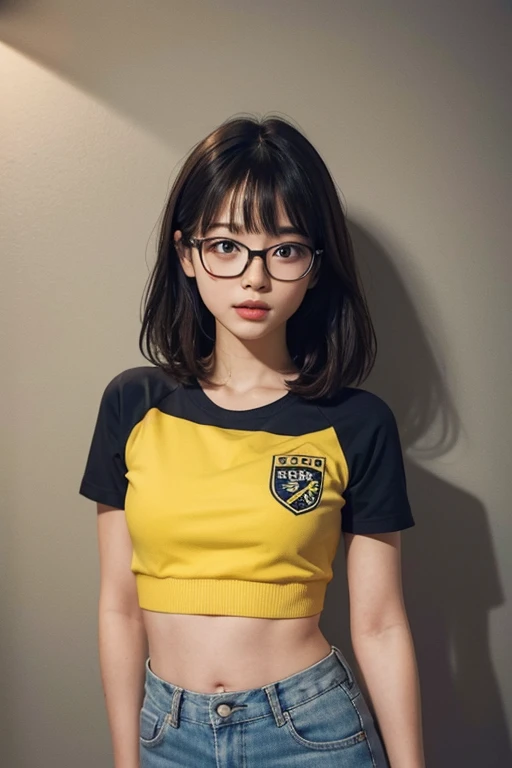 Show her in a tiny reviling nerdy outfit