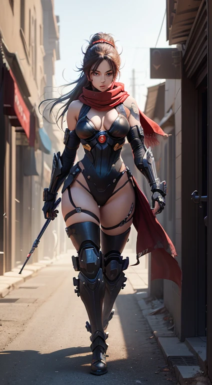 (Female Ninja Cruel Mech: 1.3, Full Body Covered Mech, Heavy AWP on Back, DSLR, Light Tracing, 3D, Concept Art, Action Painting, Film Lighting, Chiaroscuro) :(1.3). Highlighting the curve of the chest, the long white ponytail hair looks graceful and attractive. Masterpiece-like 8K resolution, (Murderous Death and Fear): 0.5, long red scarf fluttering in the wind, war-torn city as a backdrop.