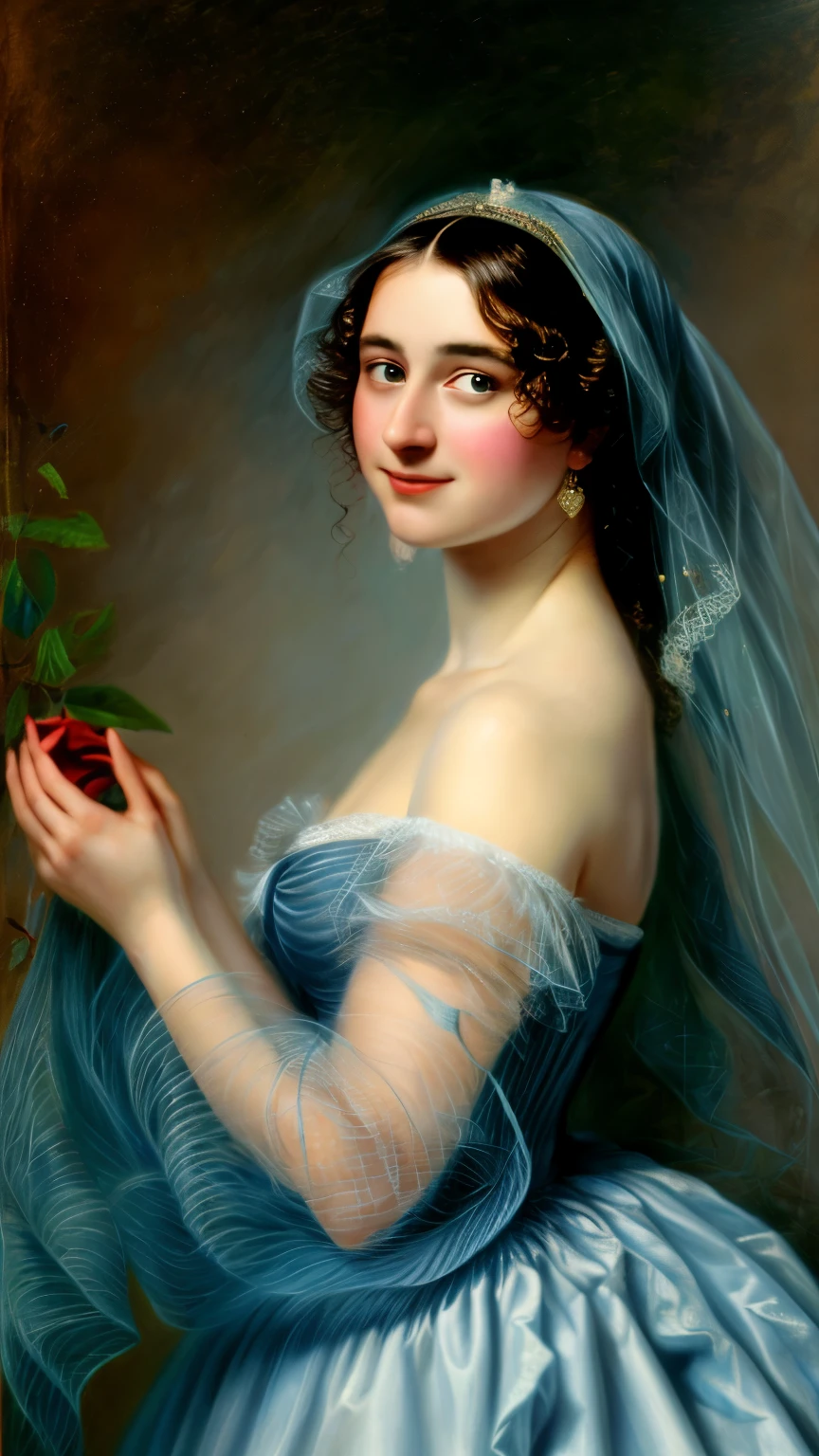 painting of a extremely gorgeous woman in a blue dress and a veil holding a rose, adelaide labille - guiard, inspired by Adélaïde Labille-Guiard, by Adélaïde Labille-Guiard, inspired by Élisabeth Vigée Le Brun, by Élisabeth Vigée Le Brun