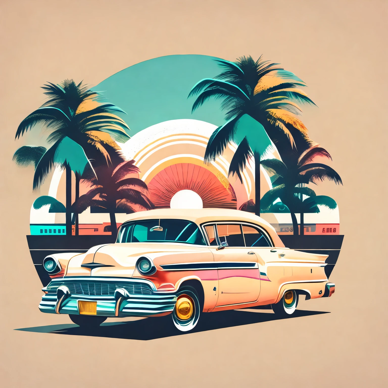Artwork for t-shirt graphic design, a retro graphic design, vintage cars, miami street, soft four color color, vintage pastel tone, highly detailed clean, vector image, realistic masterpiece, professional photography, realistic car, car sunrise background, flat black background, isometric, vibrant vector
